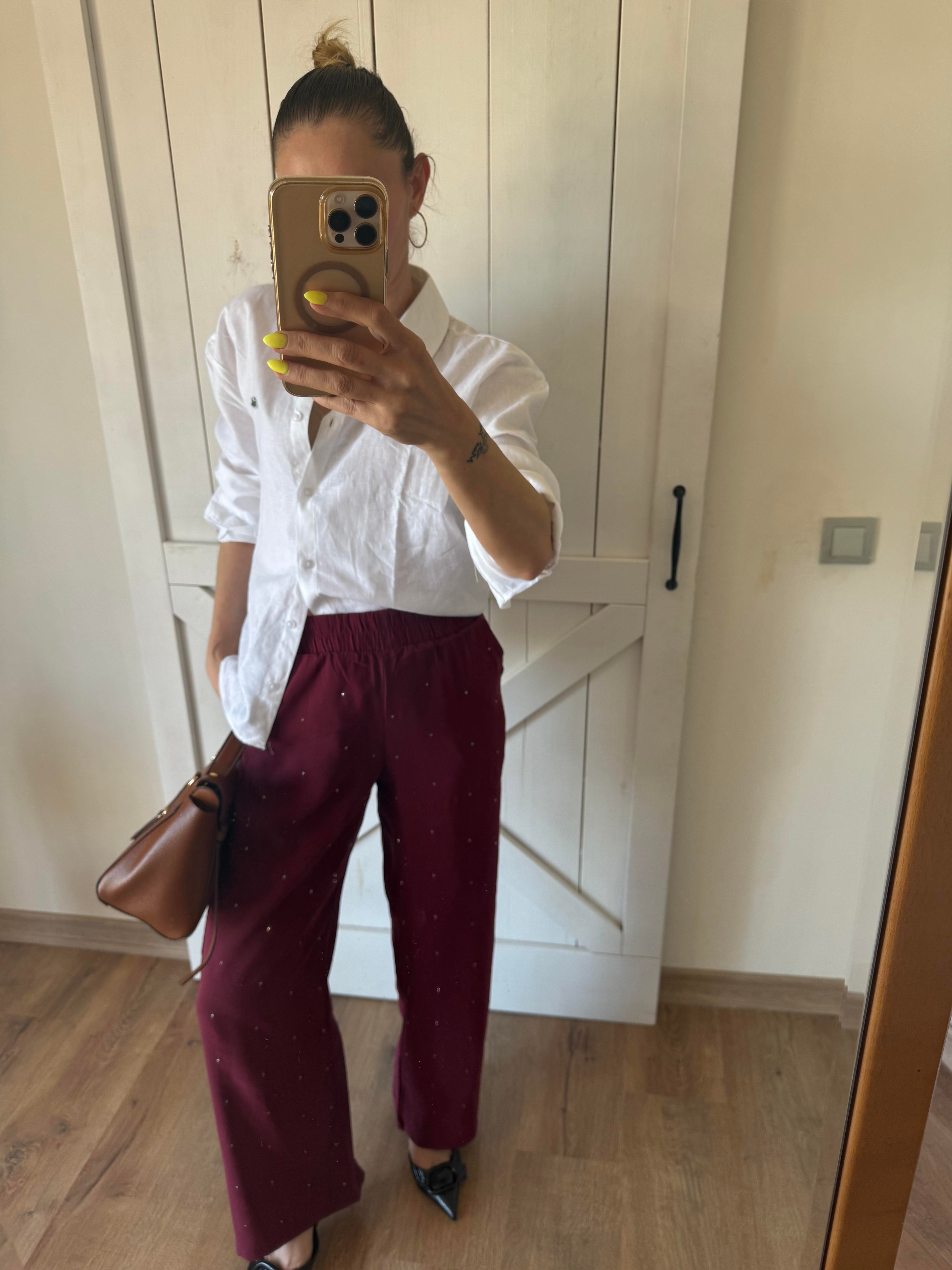 Bordo Taş İşlemeli Tensel Pantolon