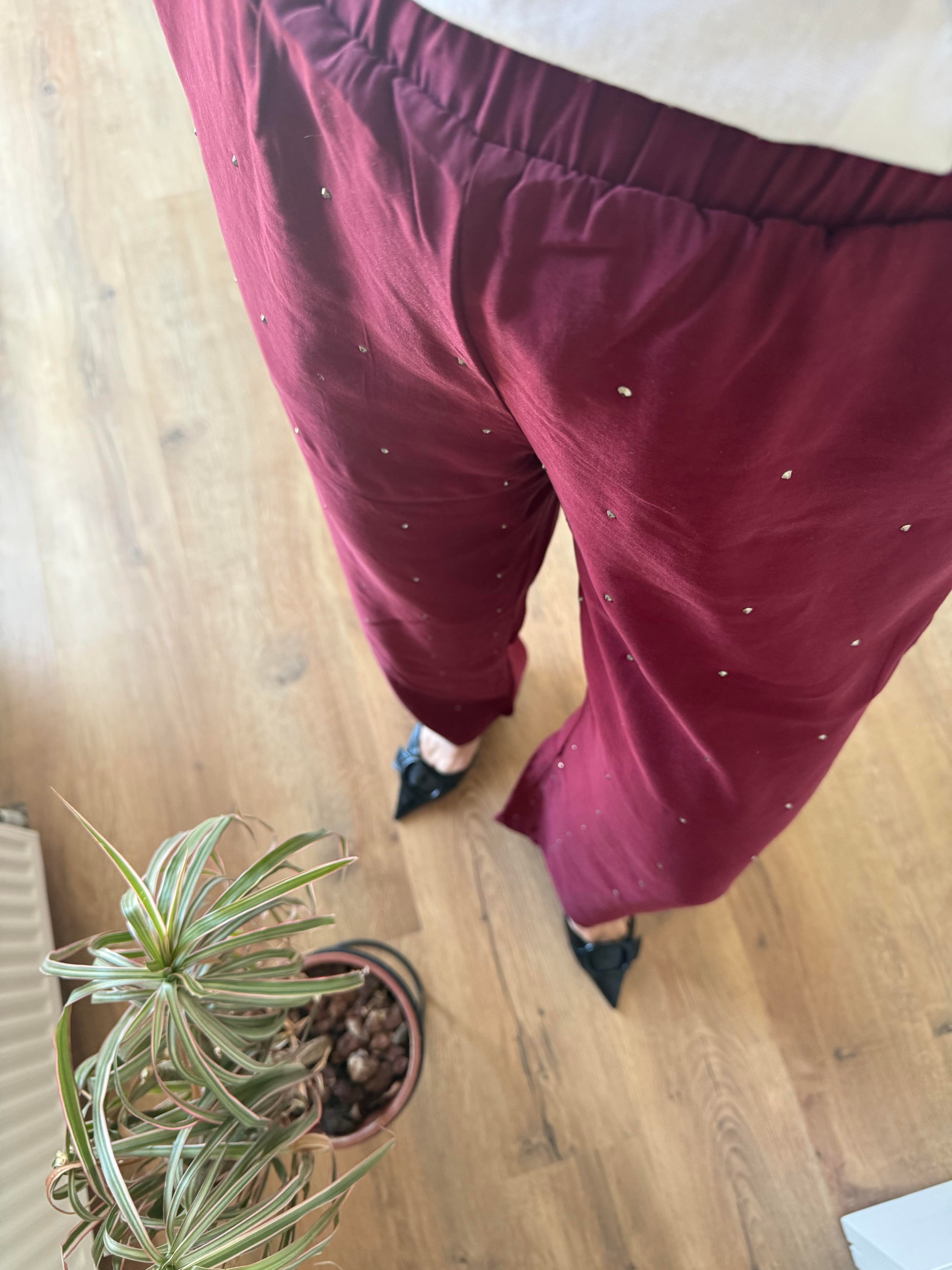 Bordo Taş İşlemeli Tensel Pantolon