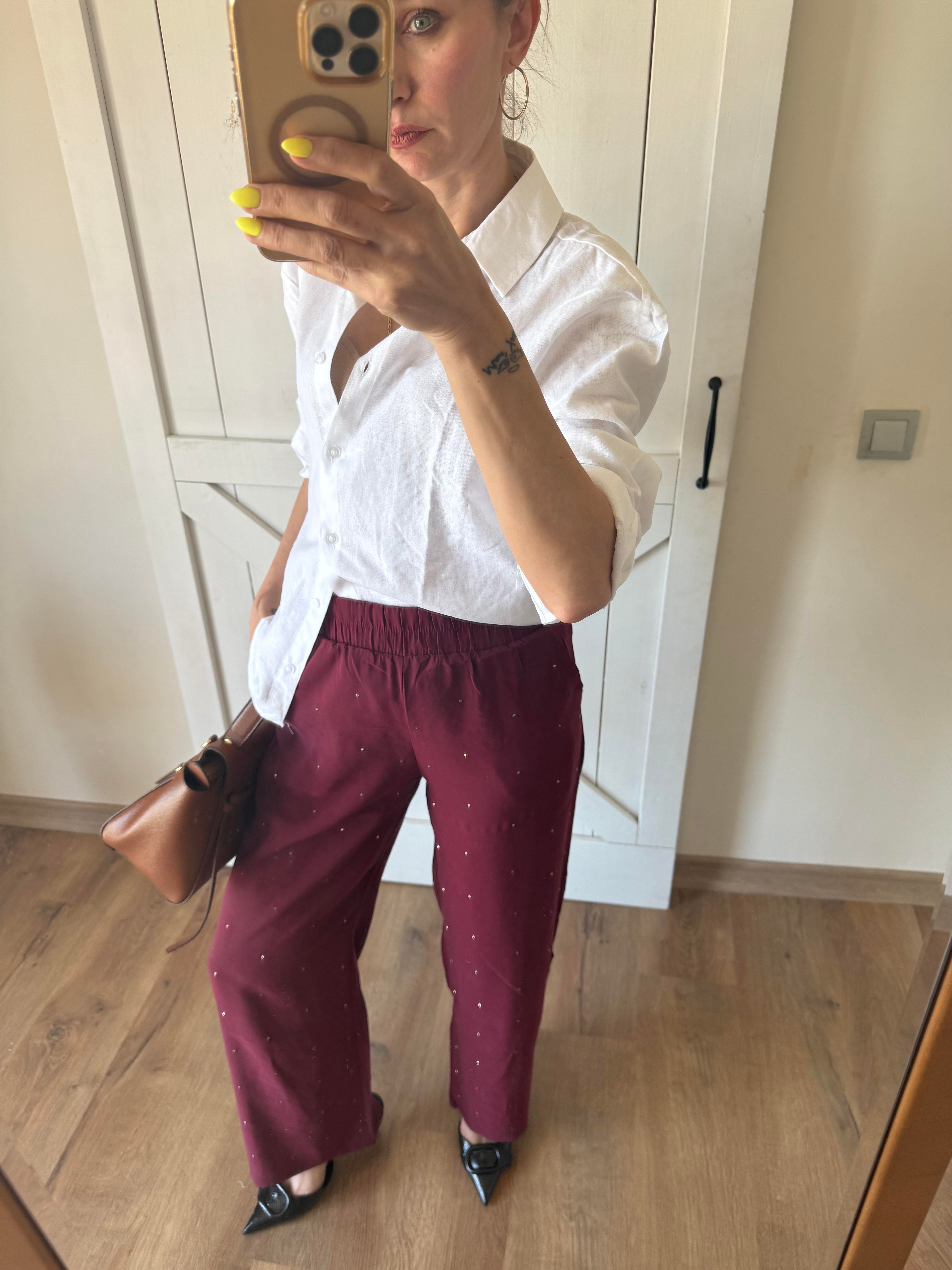 Bordo Taş İşlemeli Tensel Pantolon