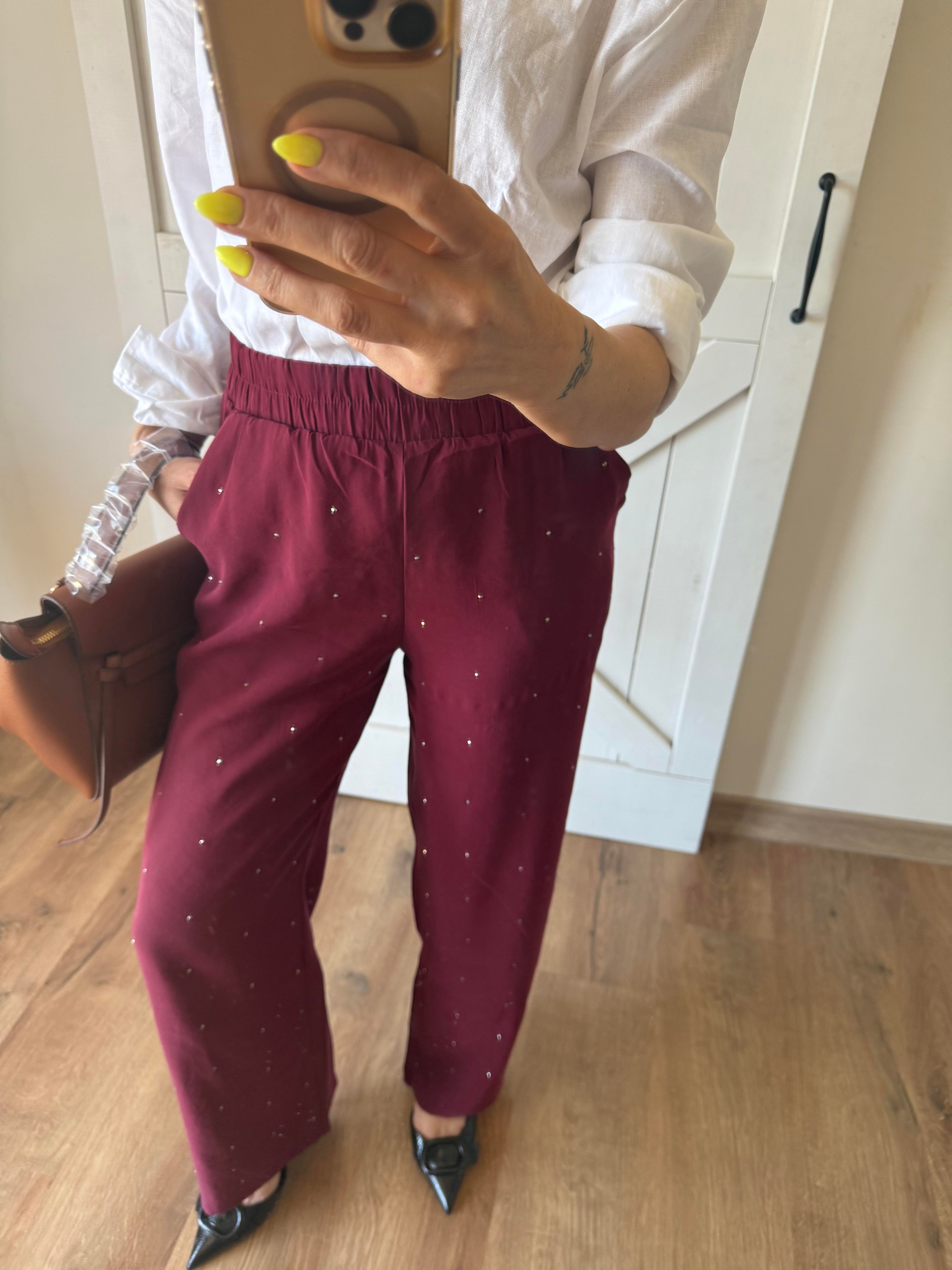 Bordo Taş İşlemeli Tensel Pantolon