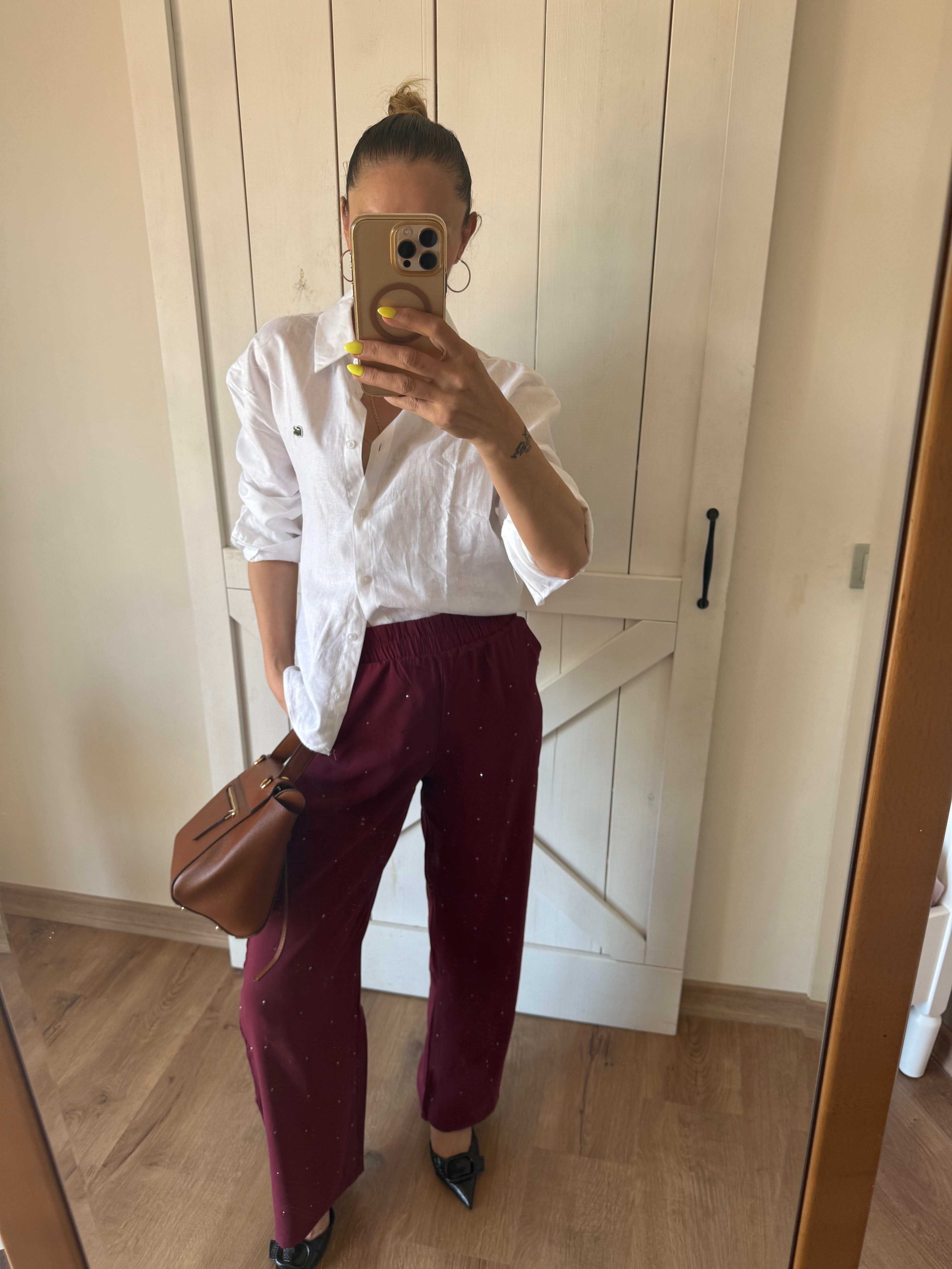 Bordo Taş İşlemeli Tensel Pantolon