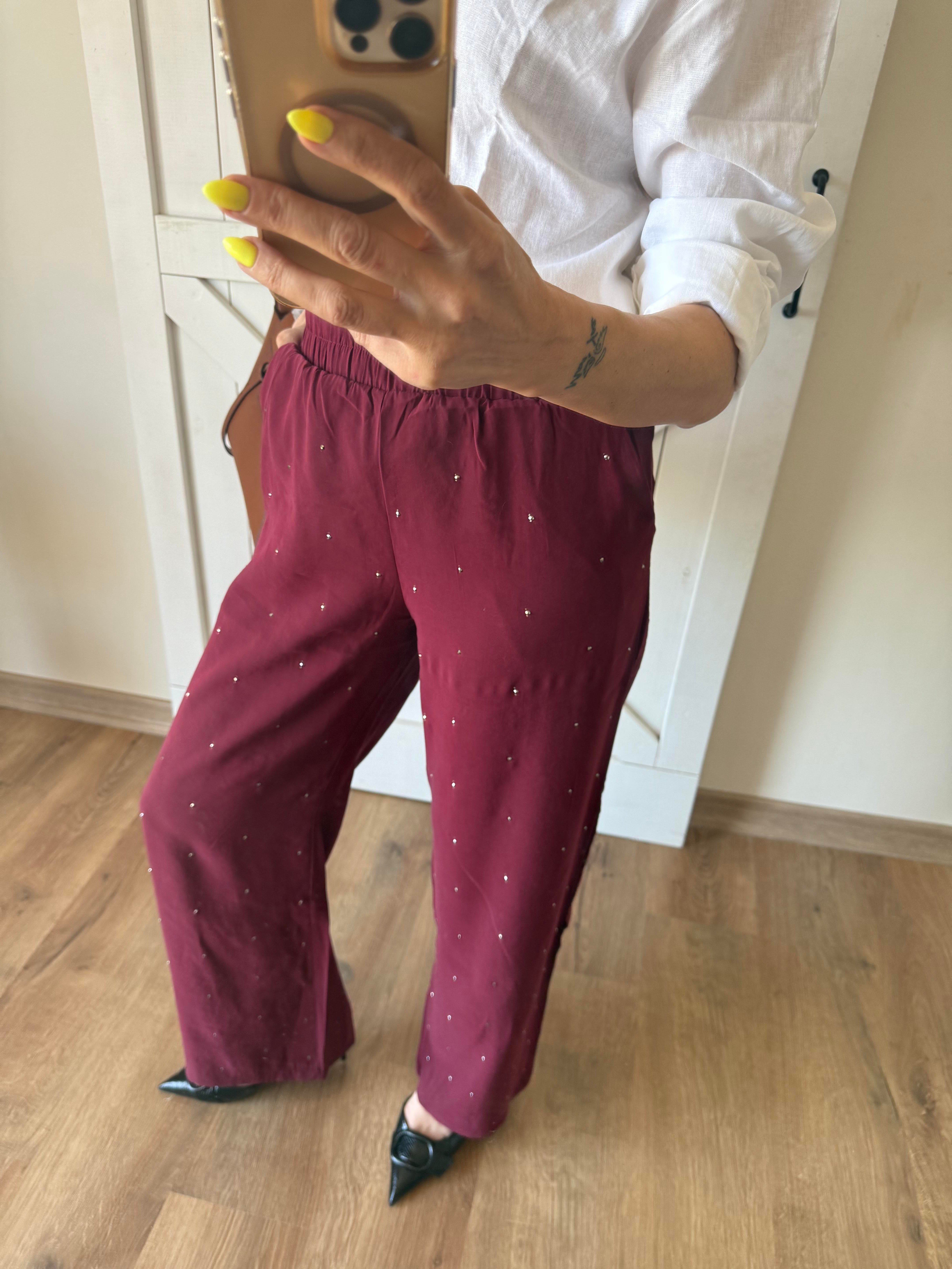 Bordo Taş İşlemeli Tensel Pantolon