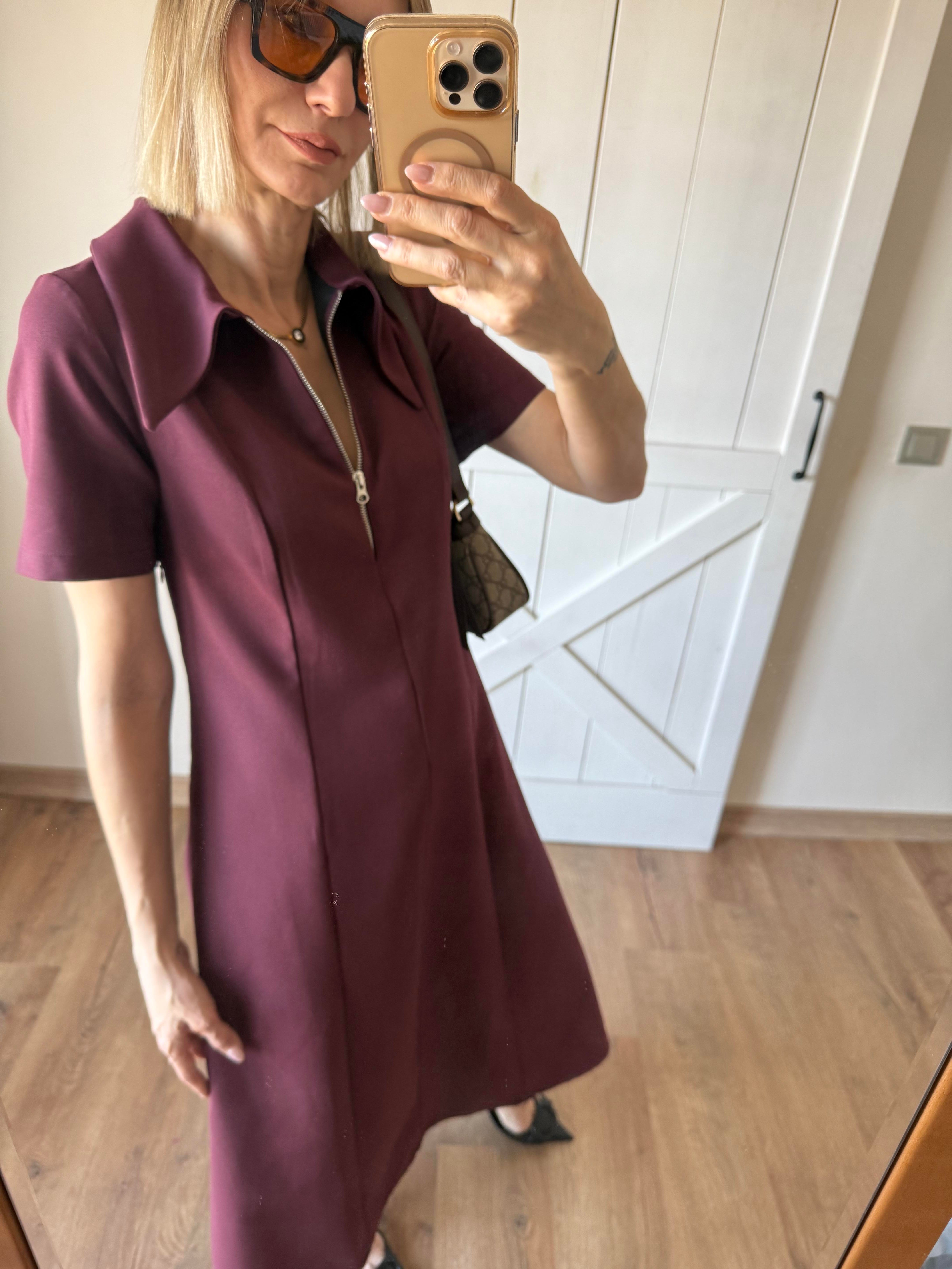 Bordo Yarım Fermuarlı Midi Boy Elbise