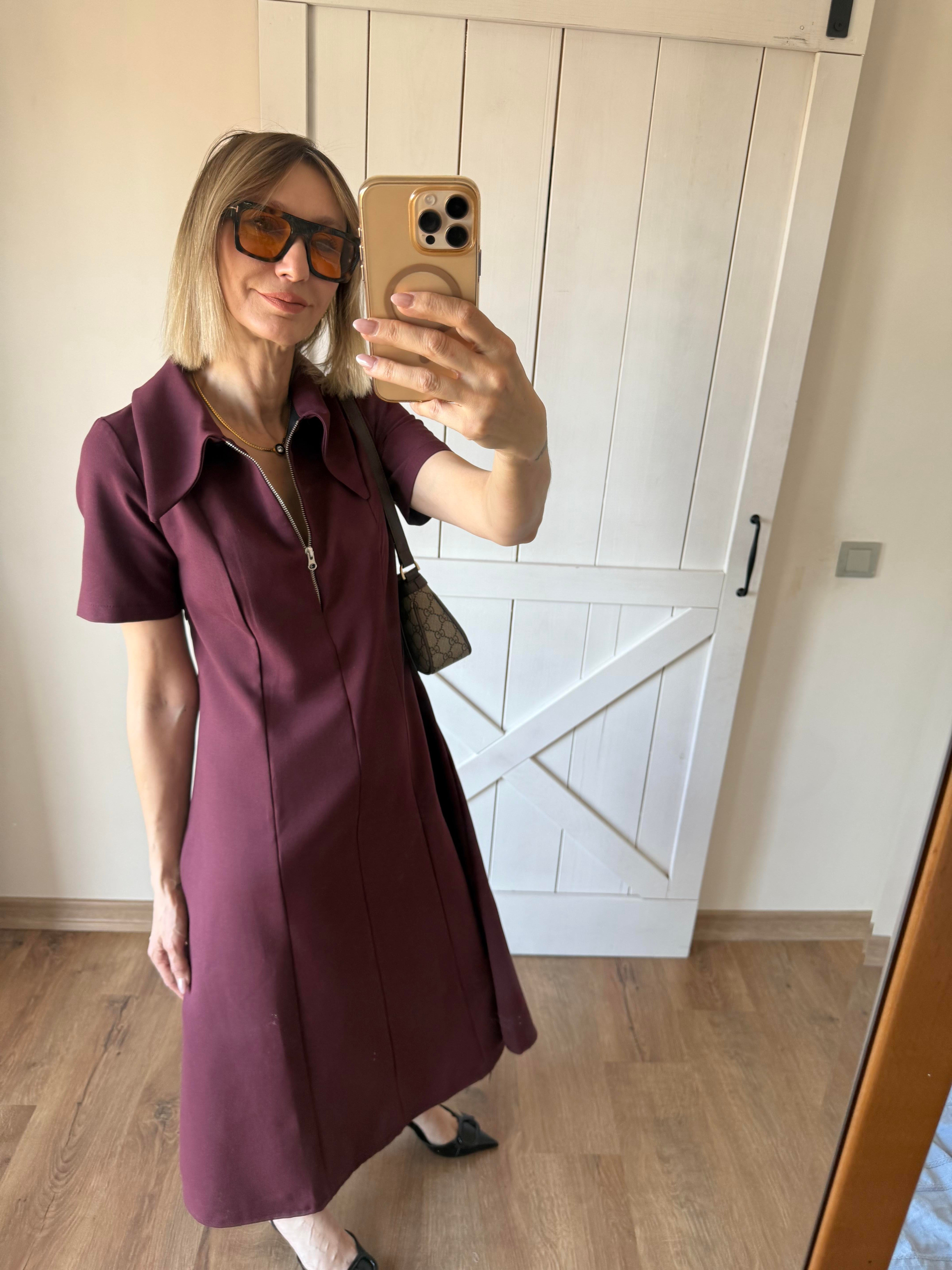 Bordo Yarım Fermuarlı Midi Boy Elbise