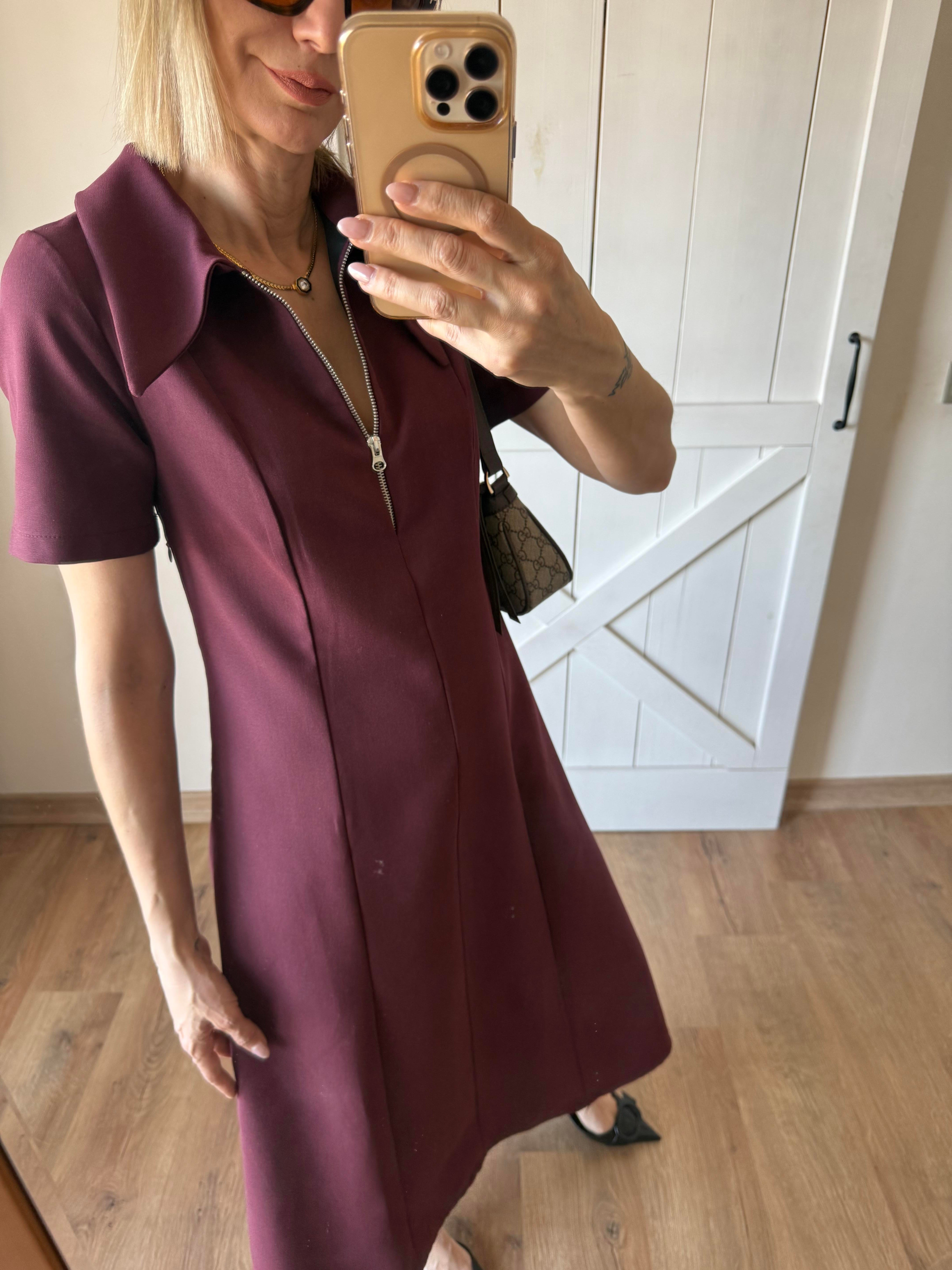 Bordo Yarım Fermuarlı Midi Boy Elbise