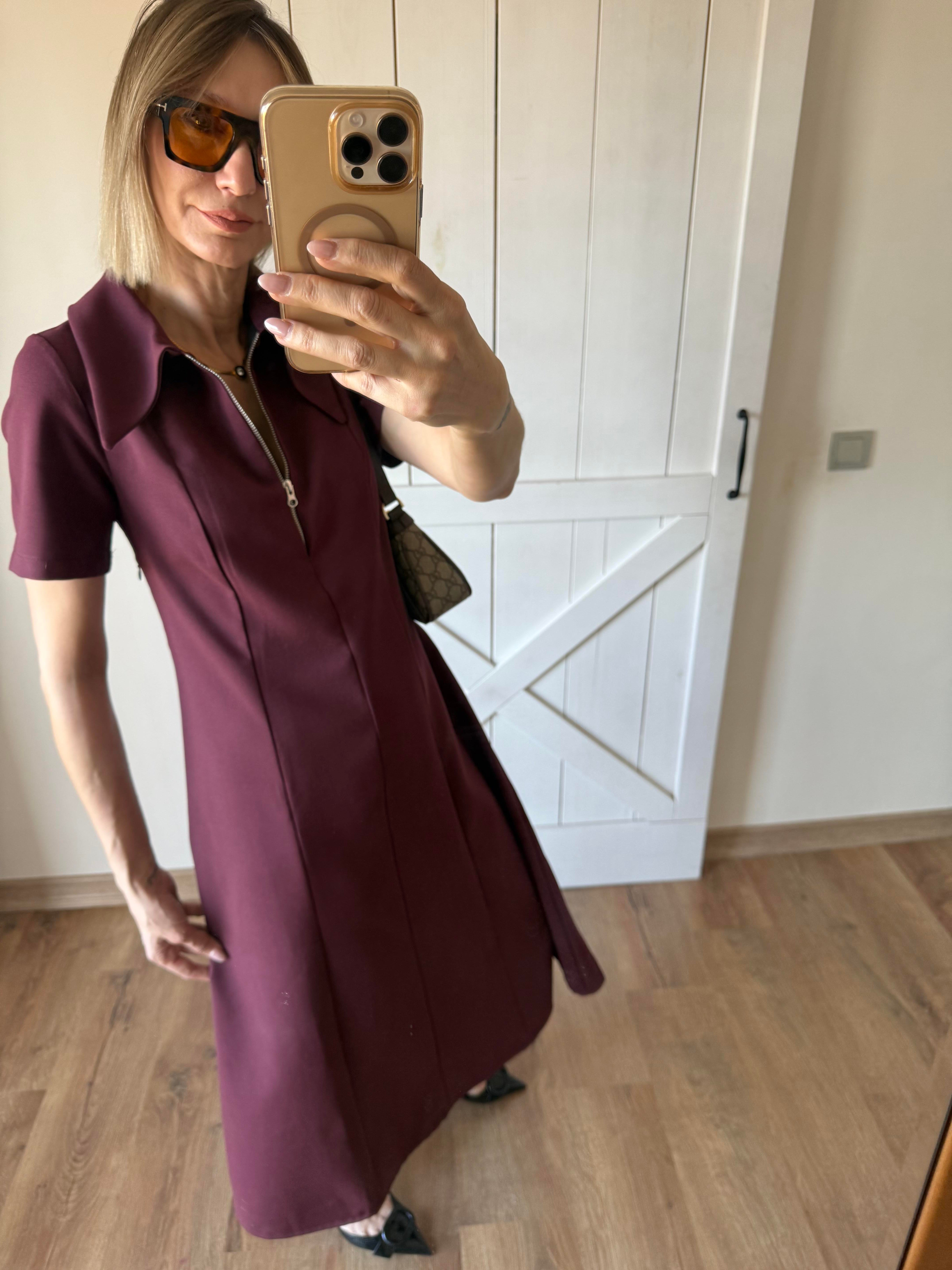 Bordo Yarım Fermuarlı Midi Boy Elbise