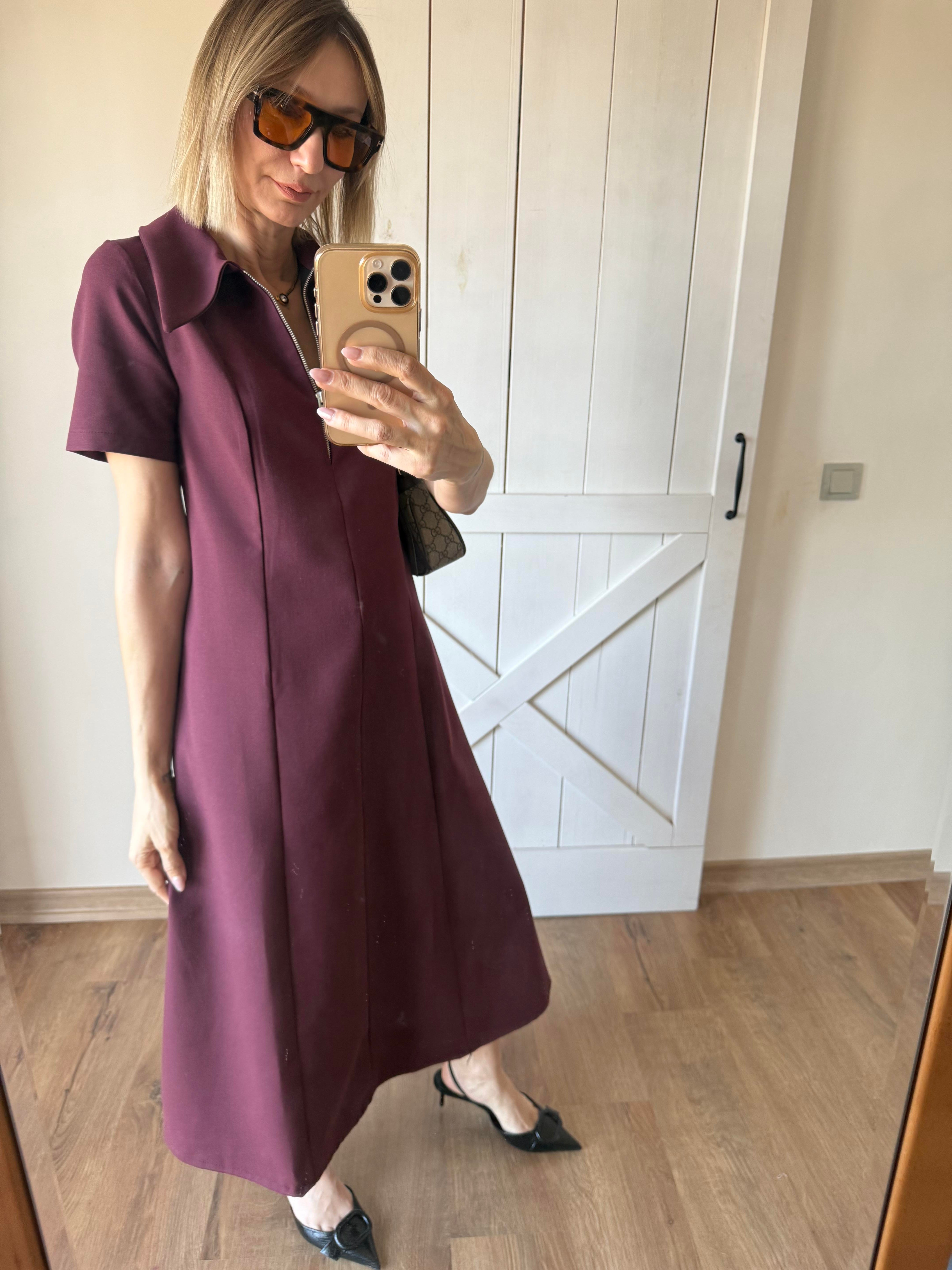 Bordo Yarım Fermuarlı Midi Boy Elbise