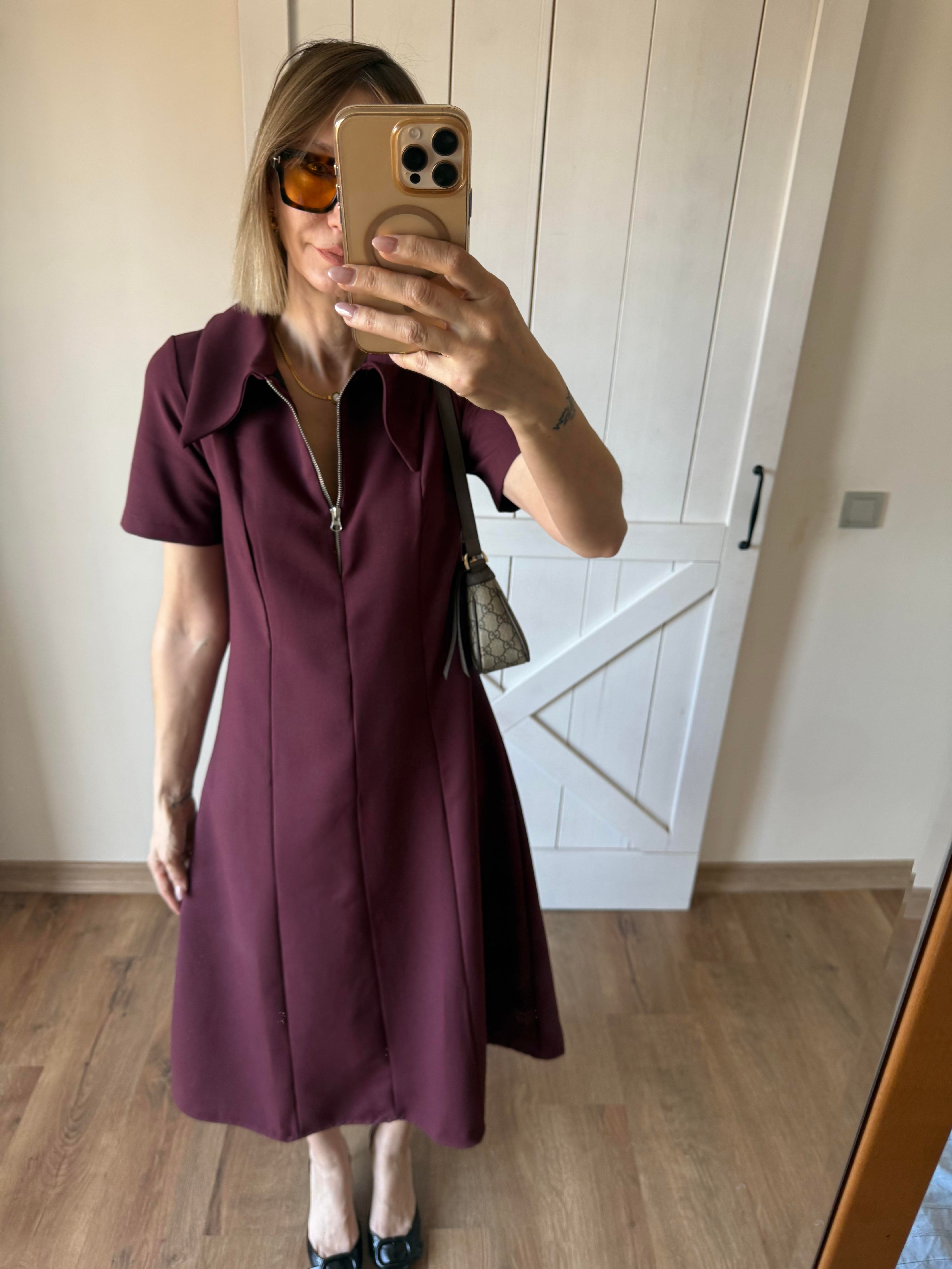 Bordo Yarım Fermuarlı Midi Boy Elbise