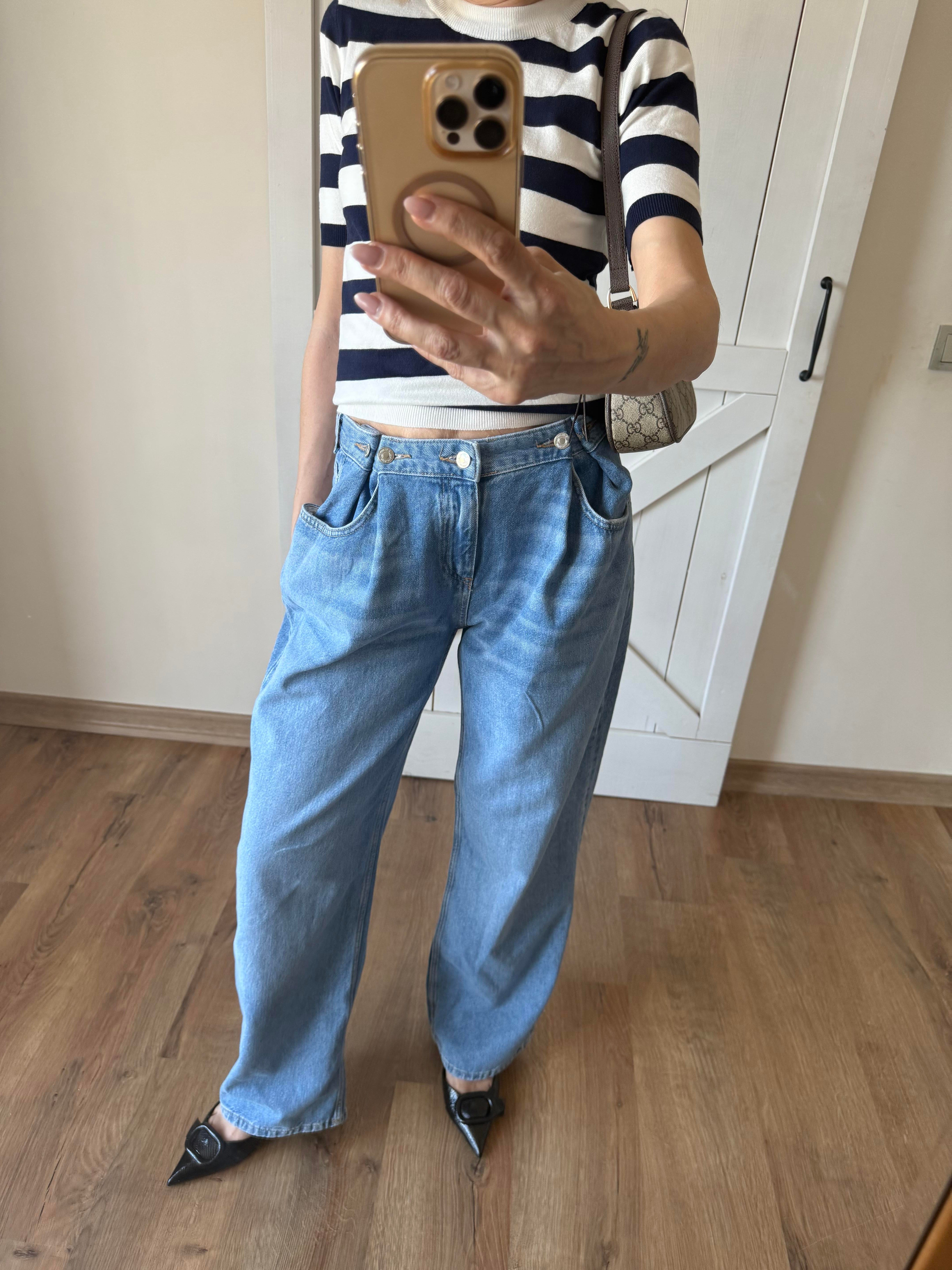 Buz Mavi Belden Ayarlanabilinir Bol Paça Jean Pantolon