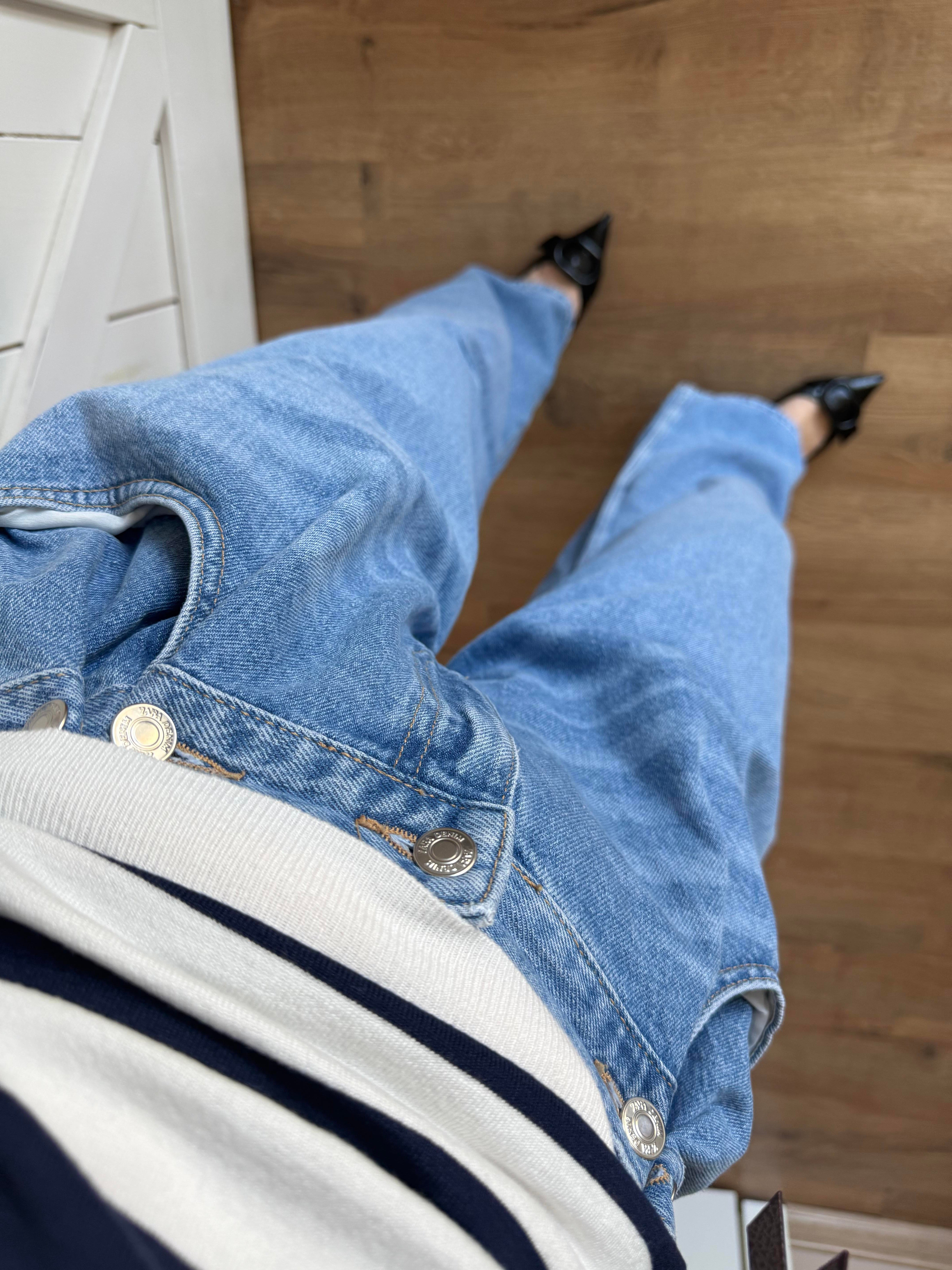 Buz Mavi Belden Ayarlanabilinir Bol Paça Jean Pantolon