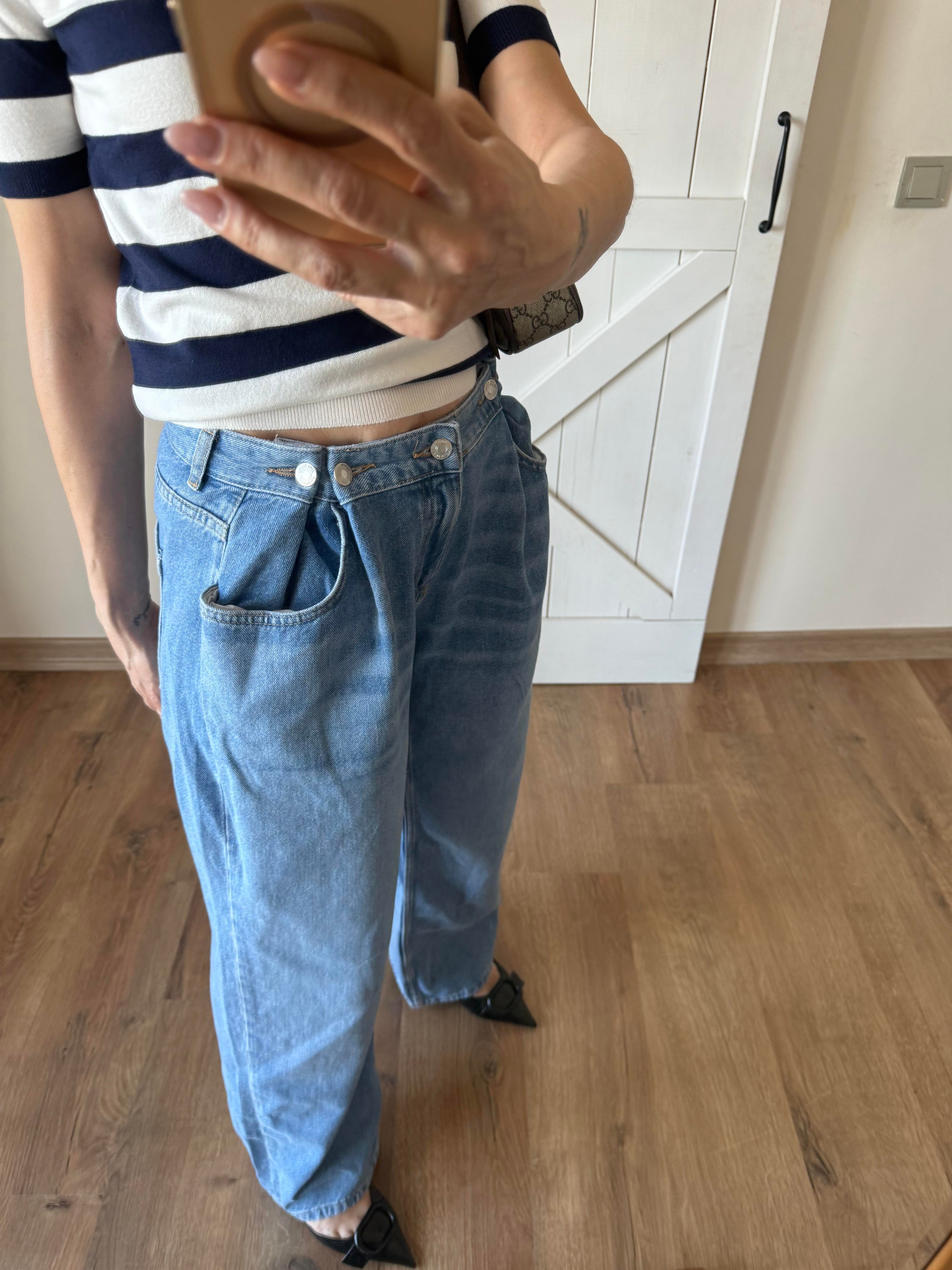 Buz Mavi Belden Ayarlanabilinir Bol Paça Jean Pantolon