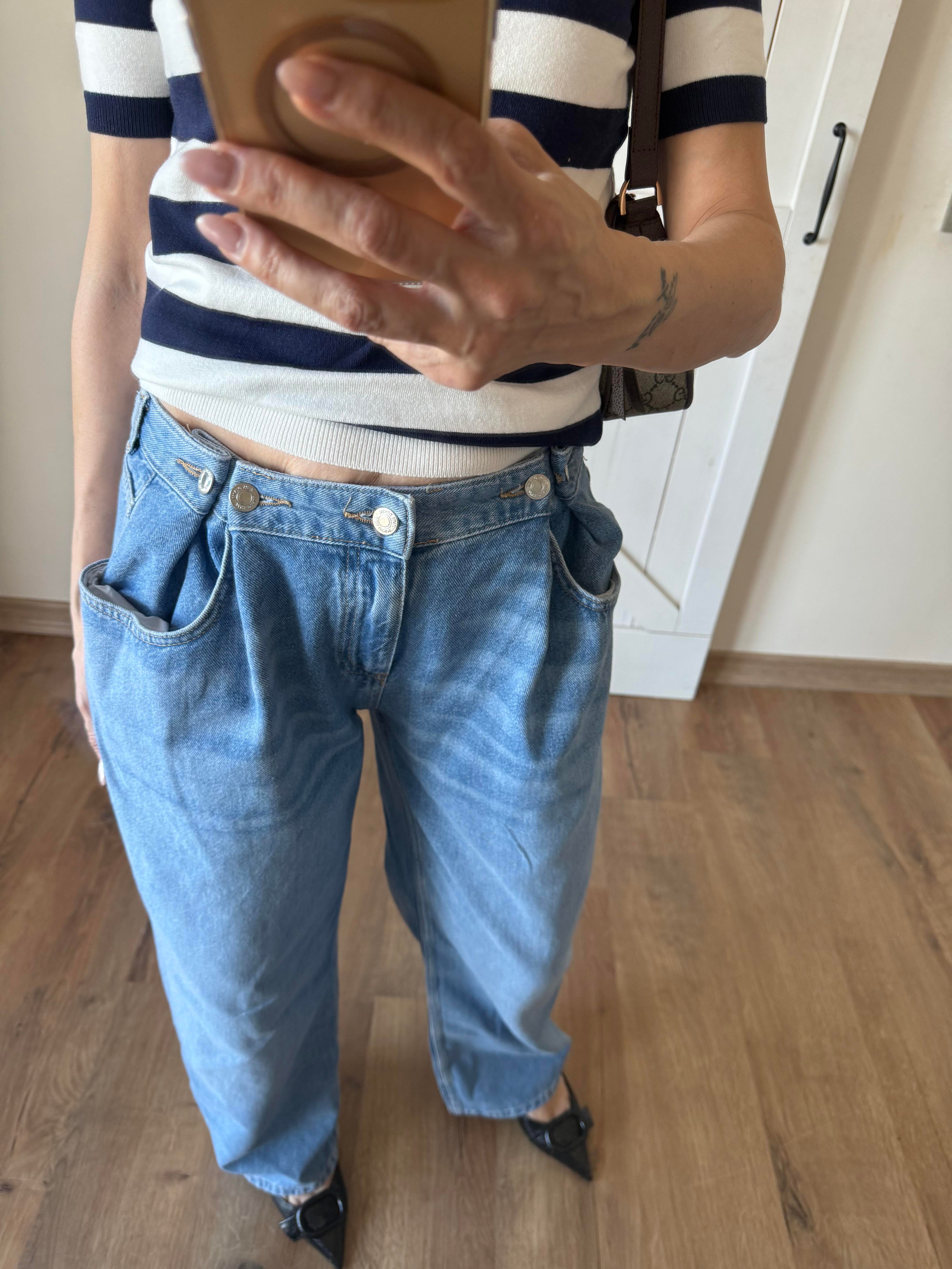 Buz Mavi Belden Ayarlanabilinir Bol Paça Jean Pantolon