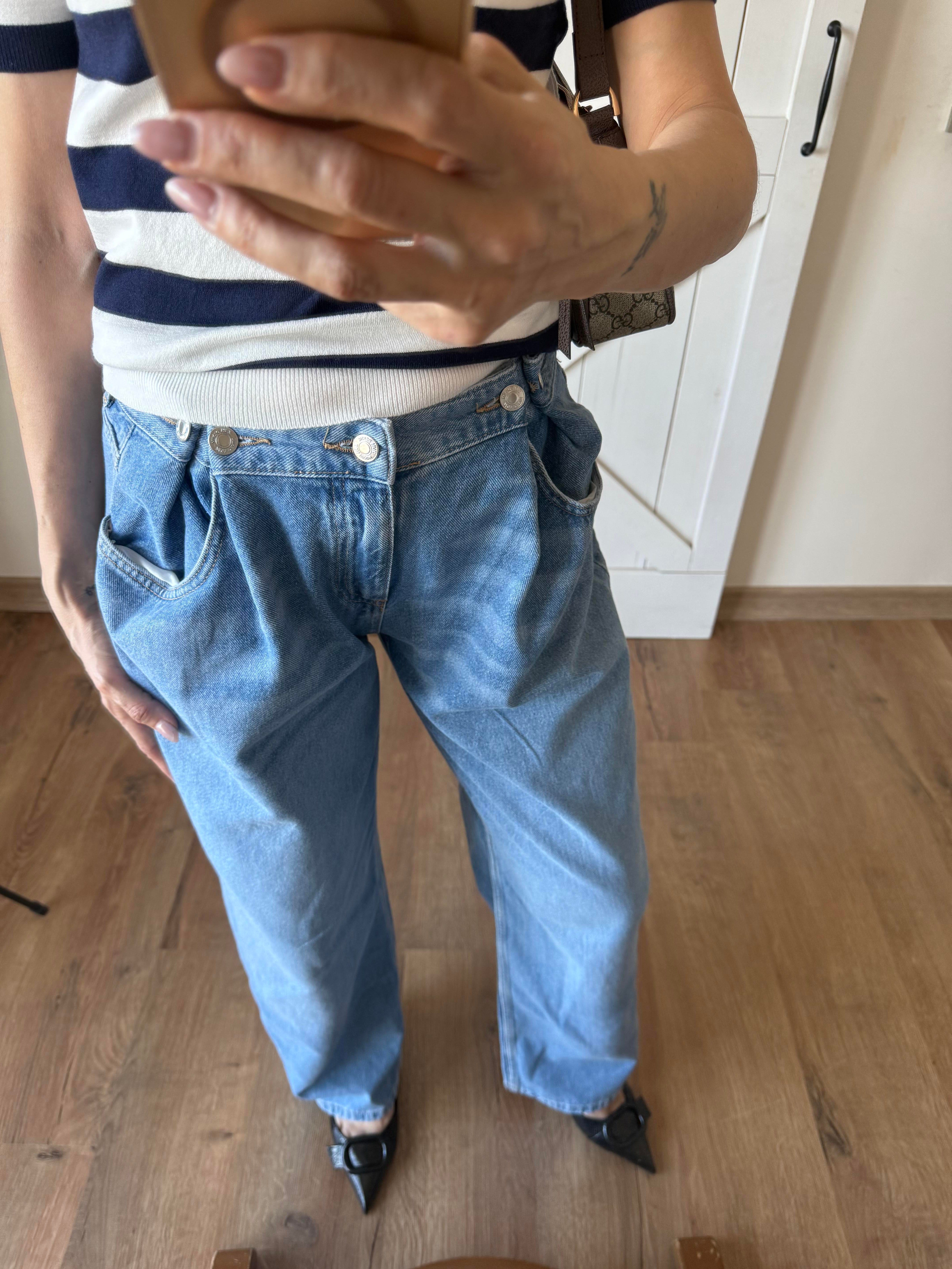 Buz Mavi Belden Ayarlanabilinir Bol Paça Jean Pantolon