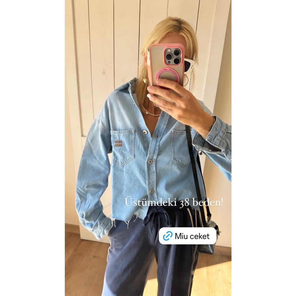 Buz Mavisi Denim Kumaş Kadın Ceket