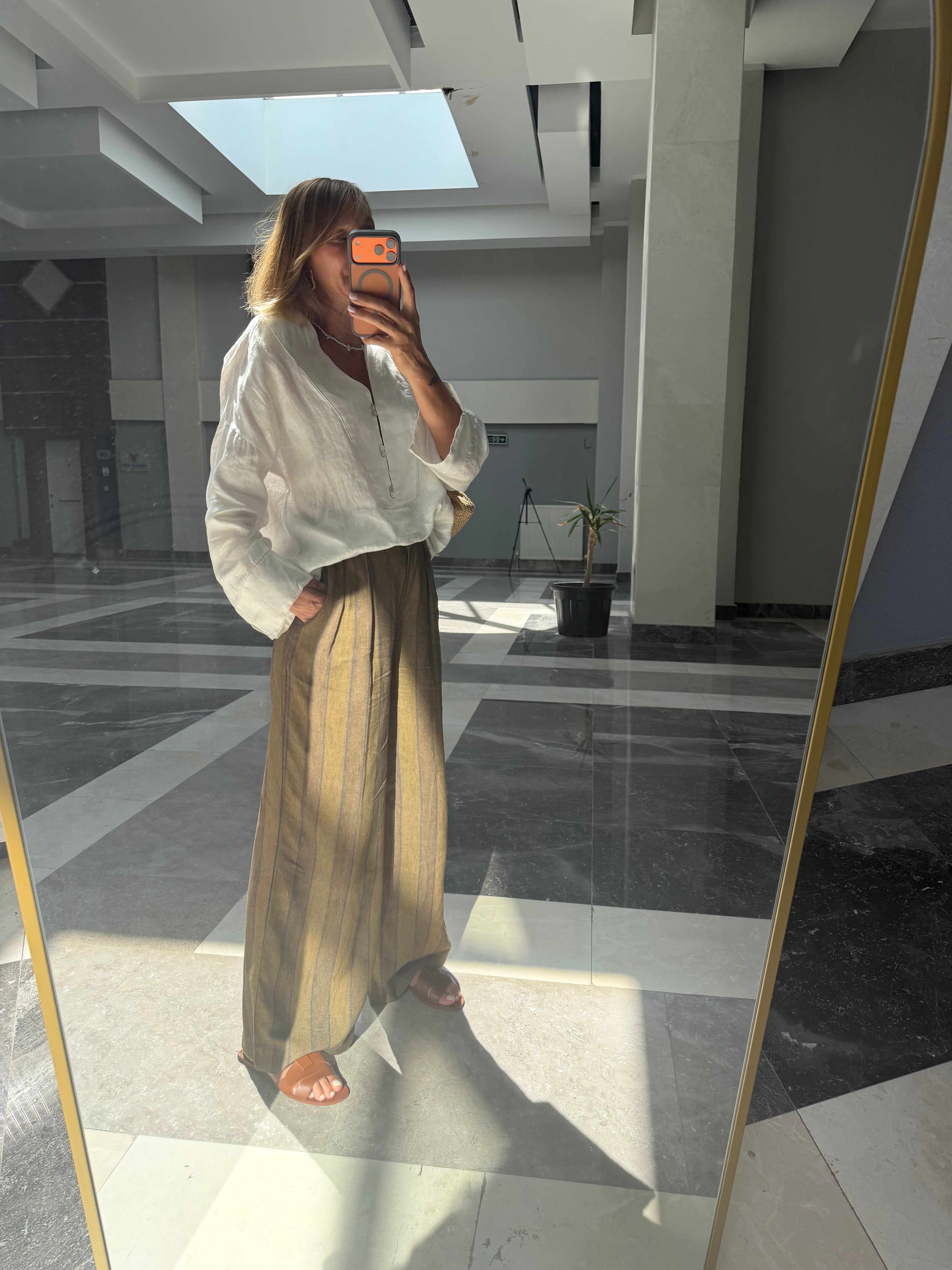 Candy Çizgili Keten Karışımı Palazzo Pantolon