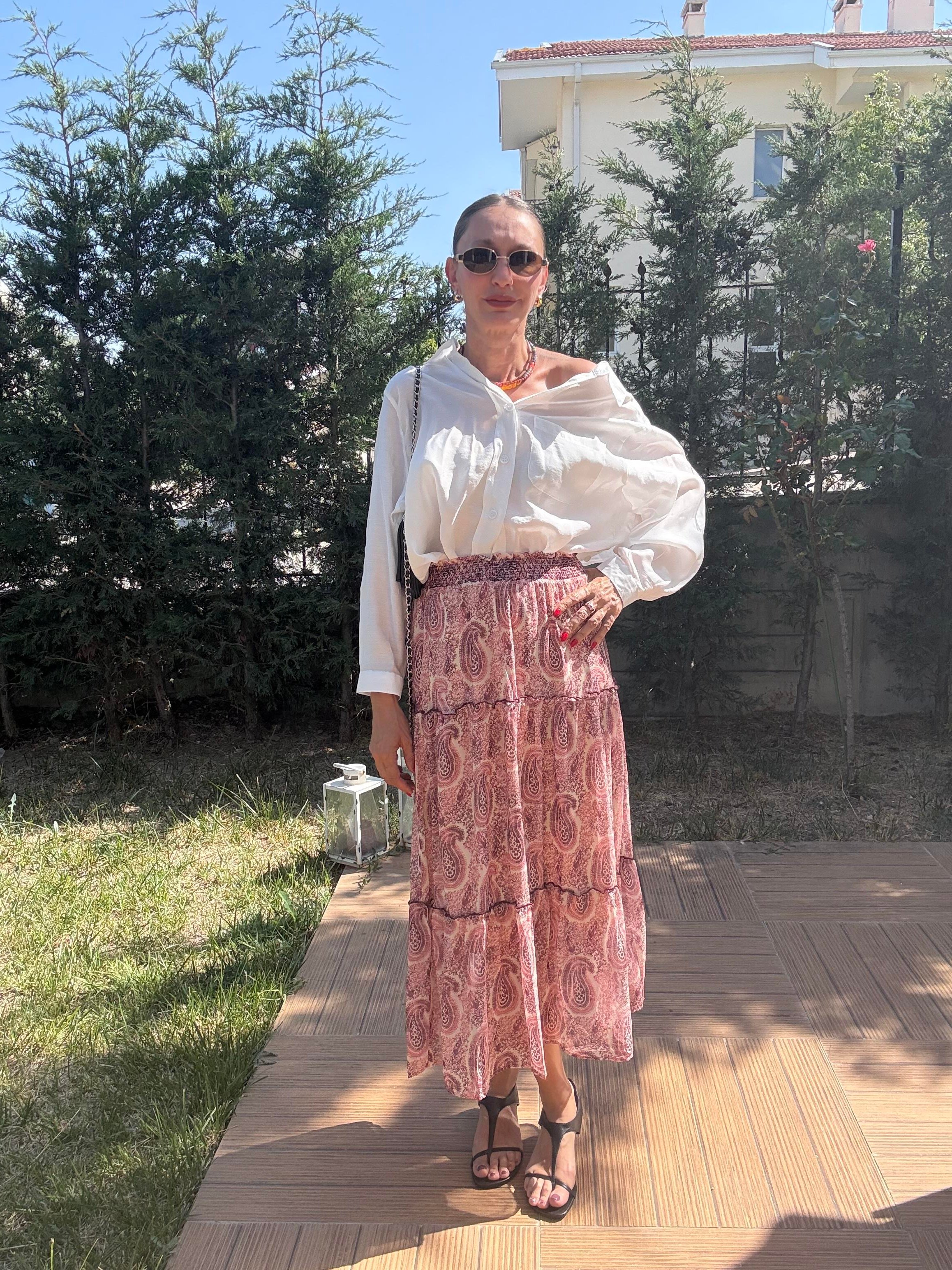 Çiçek Desenli Bel Lastikli Şifon Etek