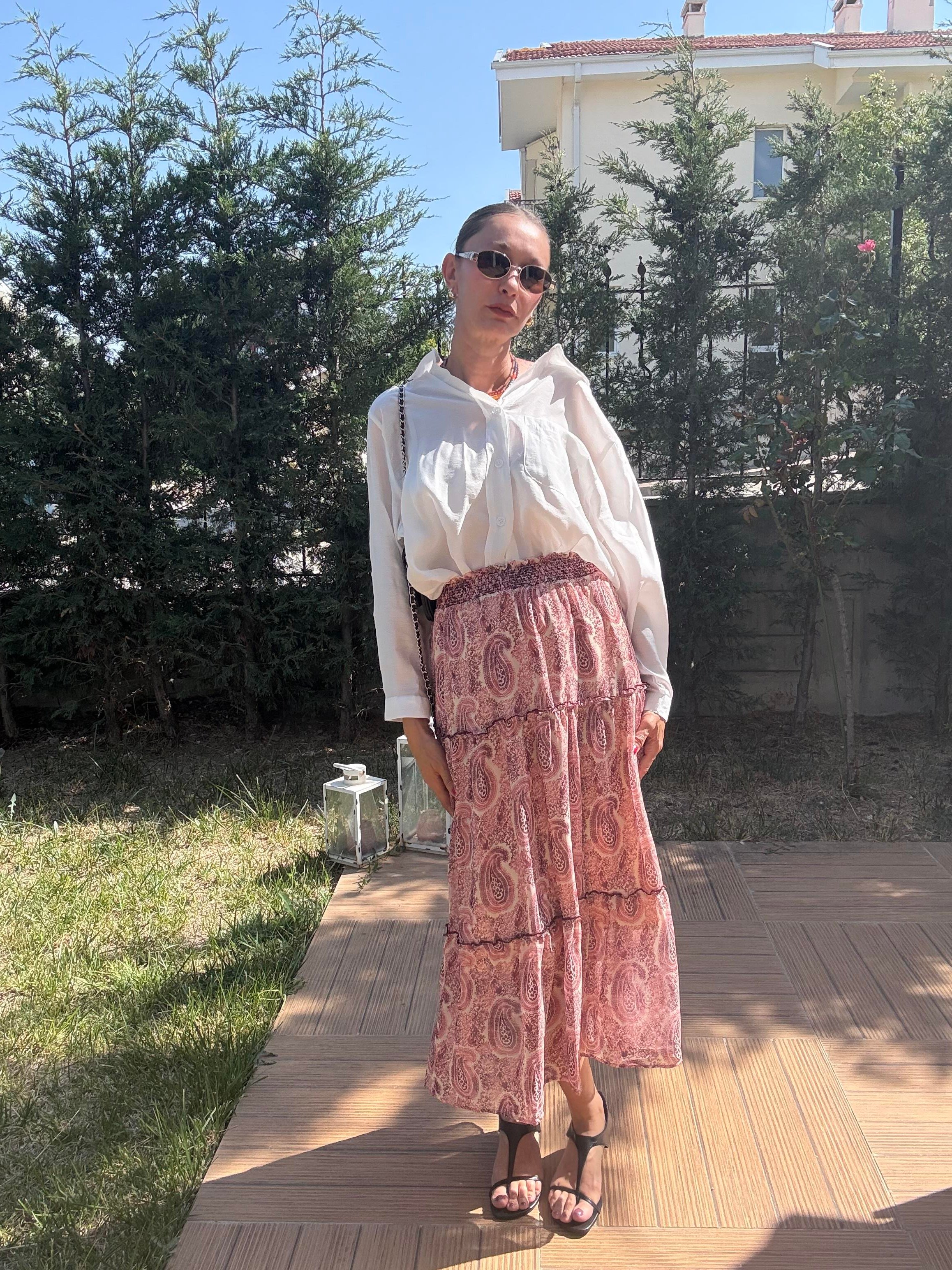 Çiçek Desenli Bel Lastikli Şifon Etek