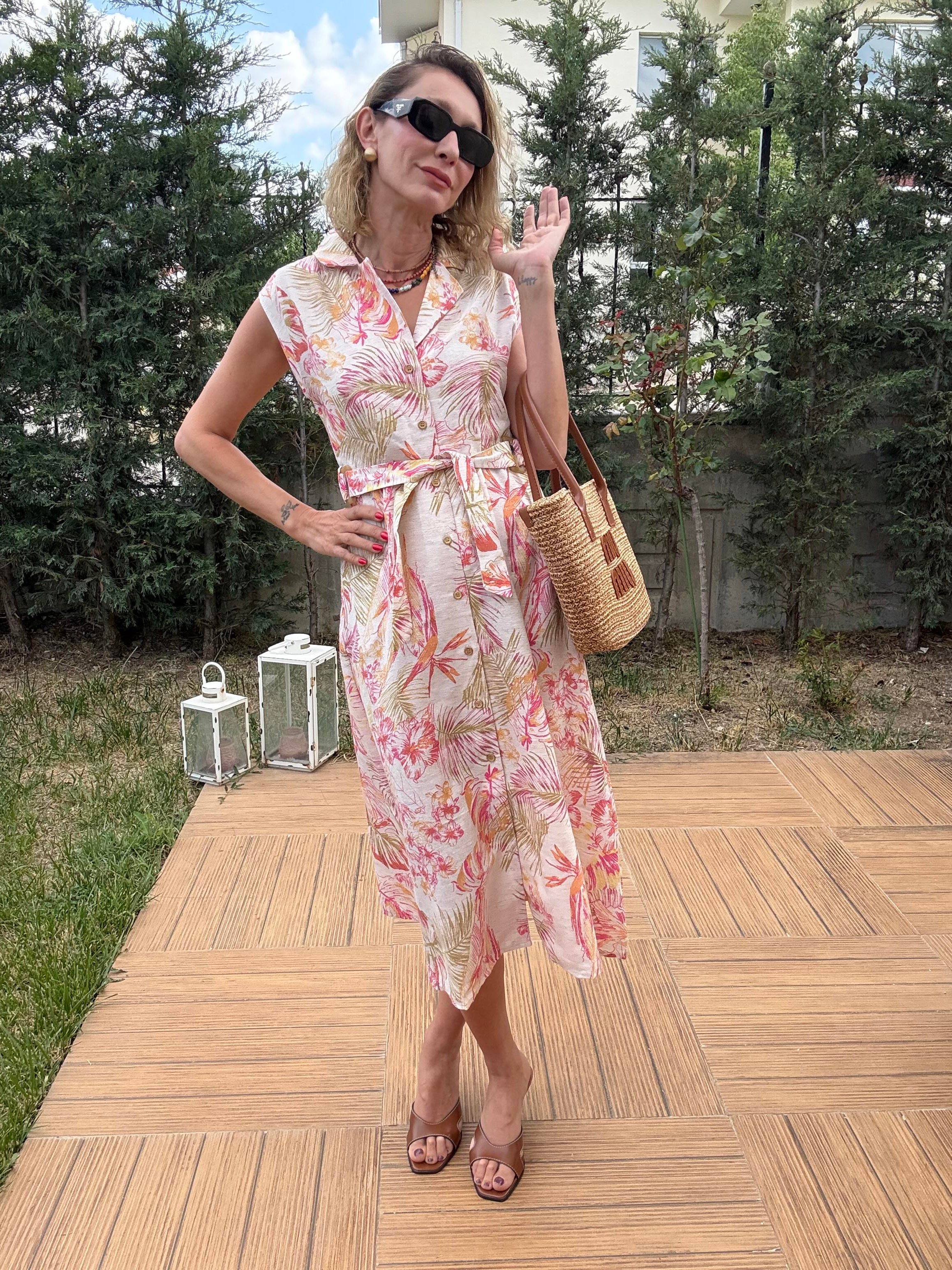 Çiçek Desenli Keten Midi Elbise