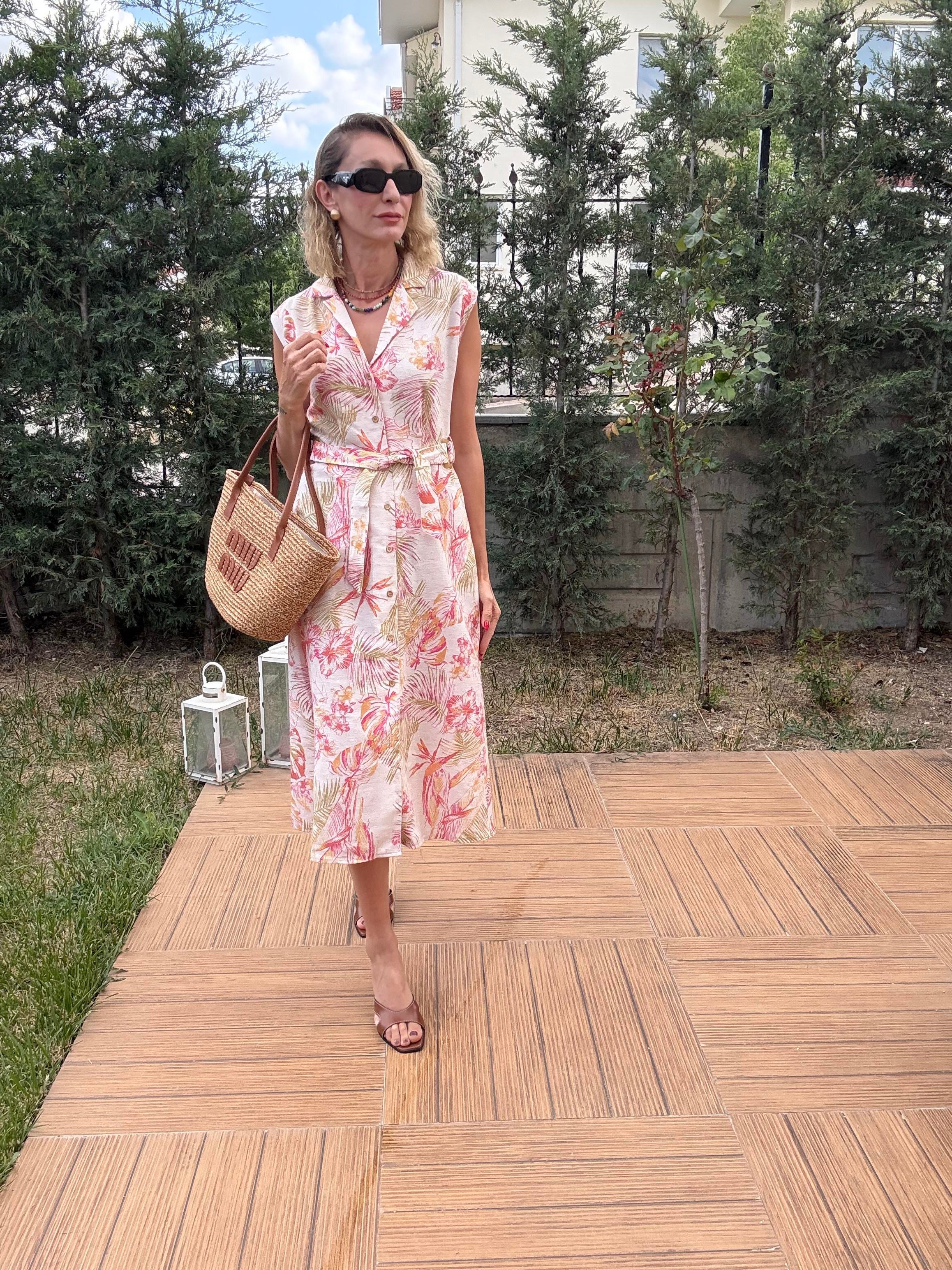 Çiçek Desenli Keten Midi Elbise