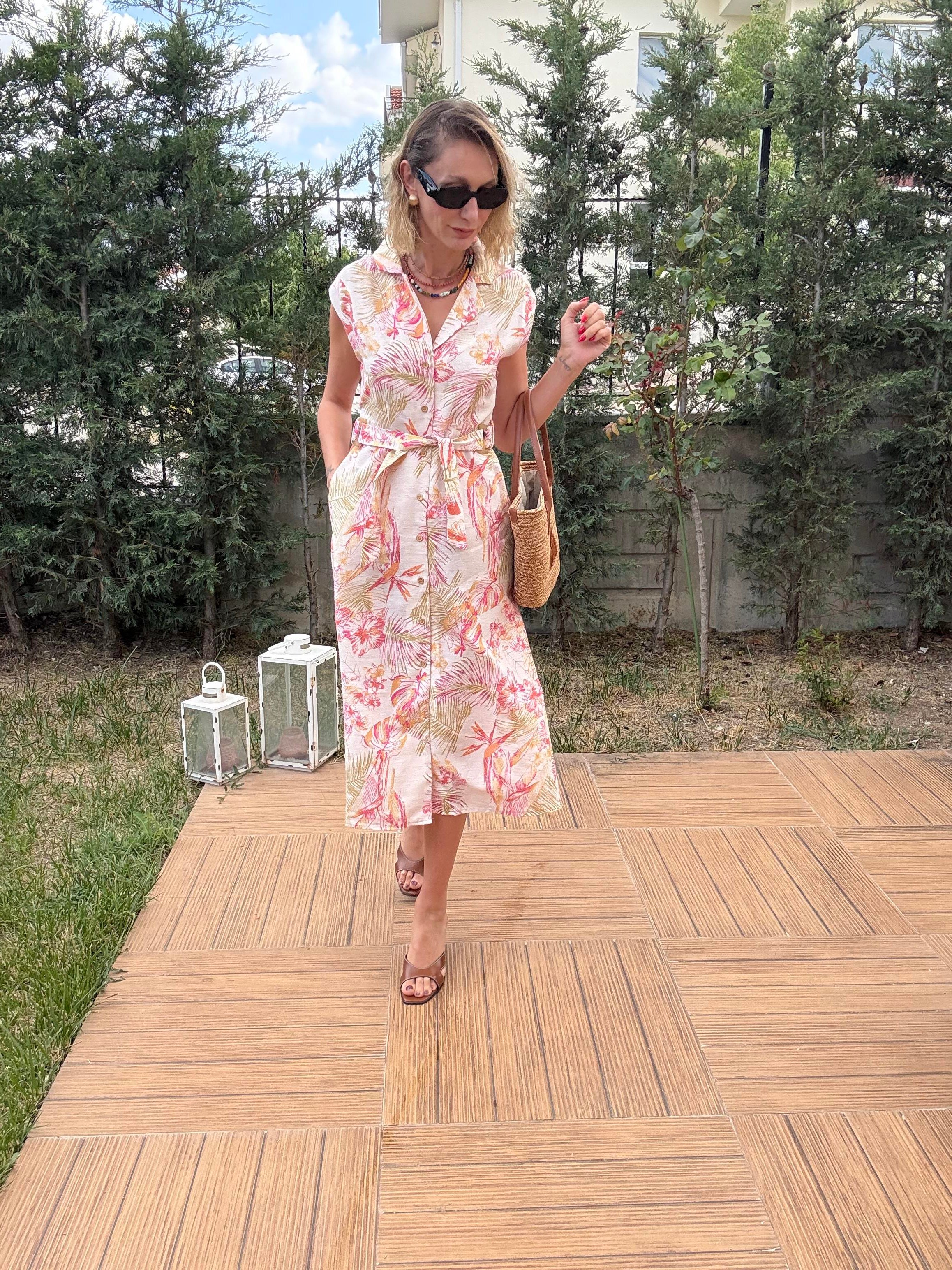 Çiçek Desenli Keten Midi Elbise