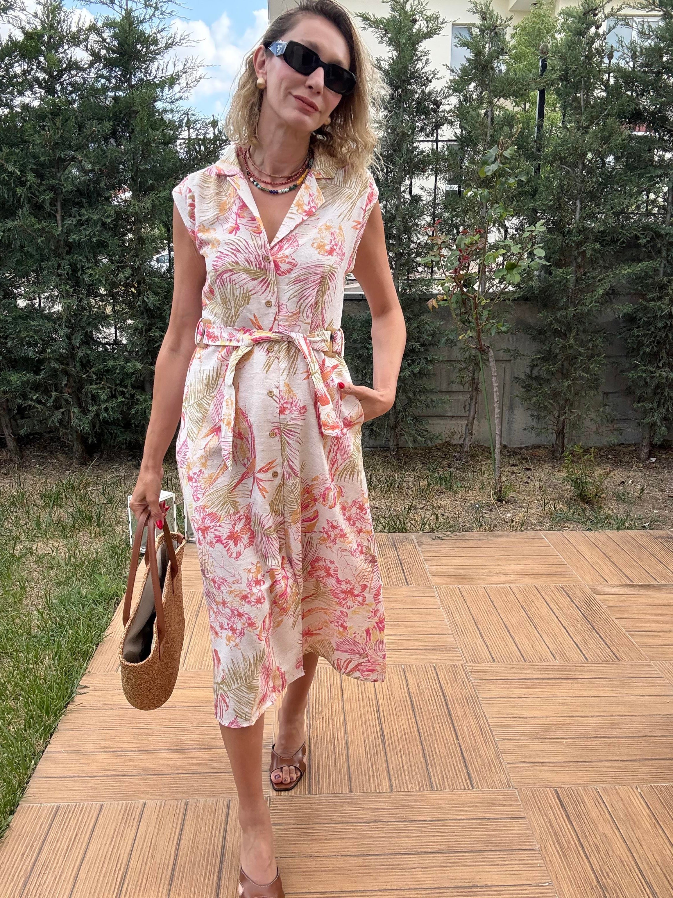 Çiçek Desenli Keten Midi Elbise