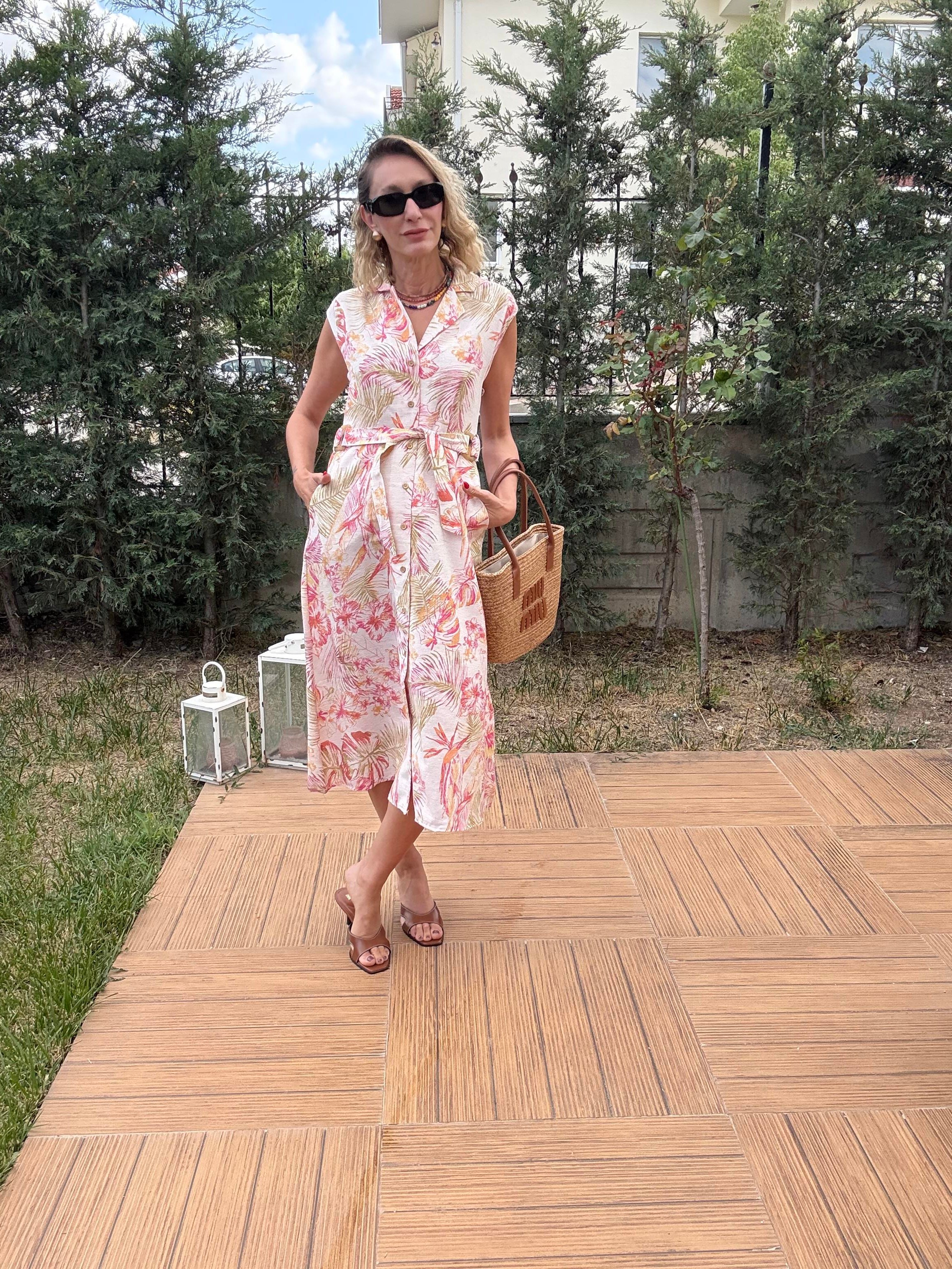 Çiçek Desenli Keten Midi Elbise