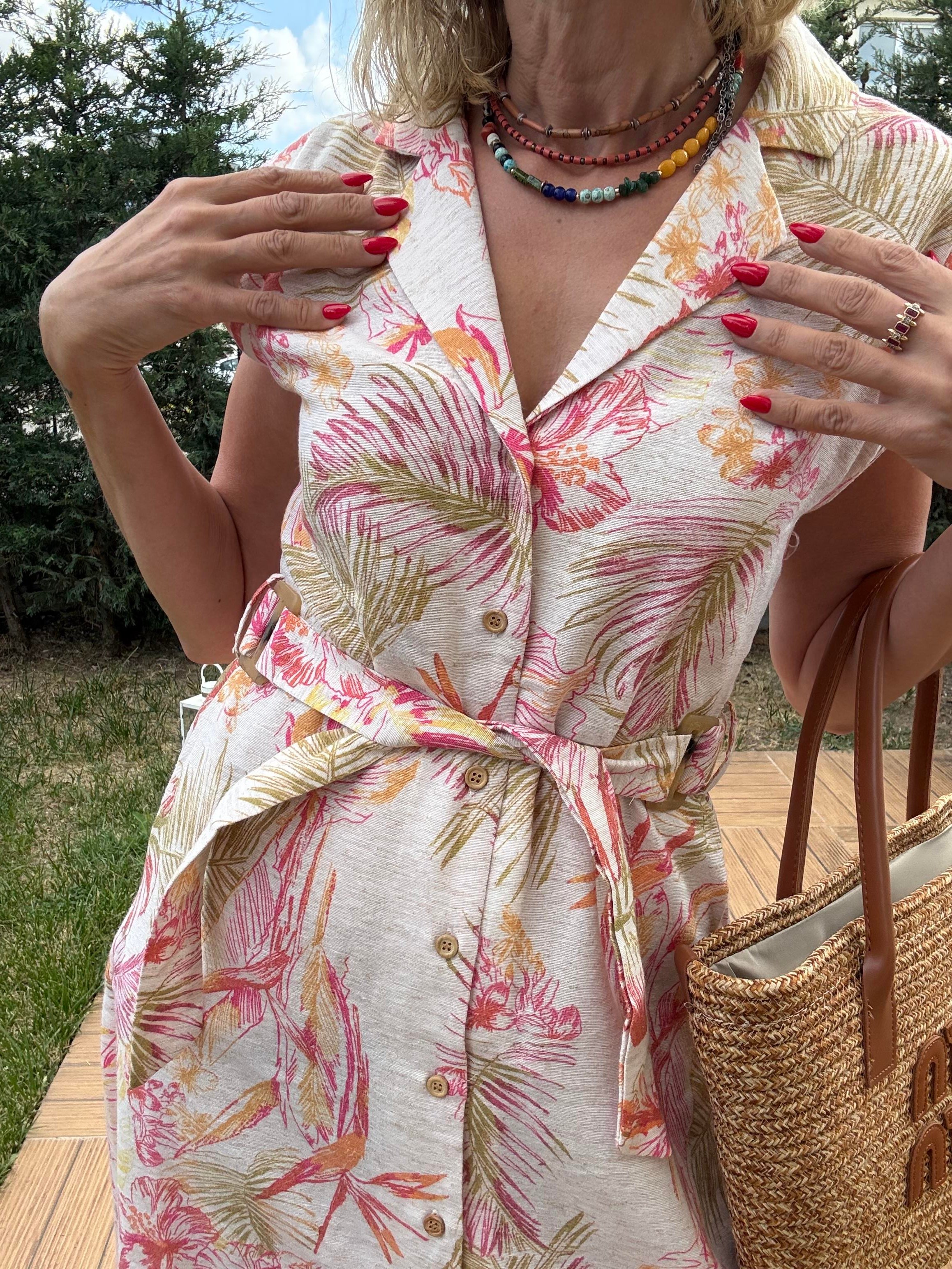 Çiçek Desenli Keten Midi Elbise