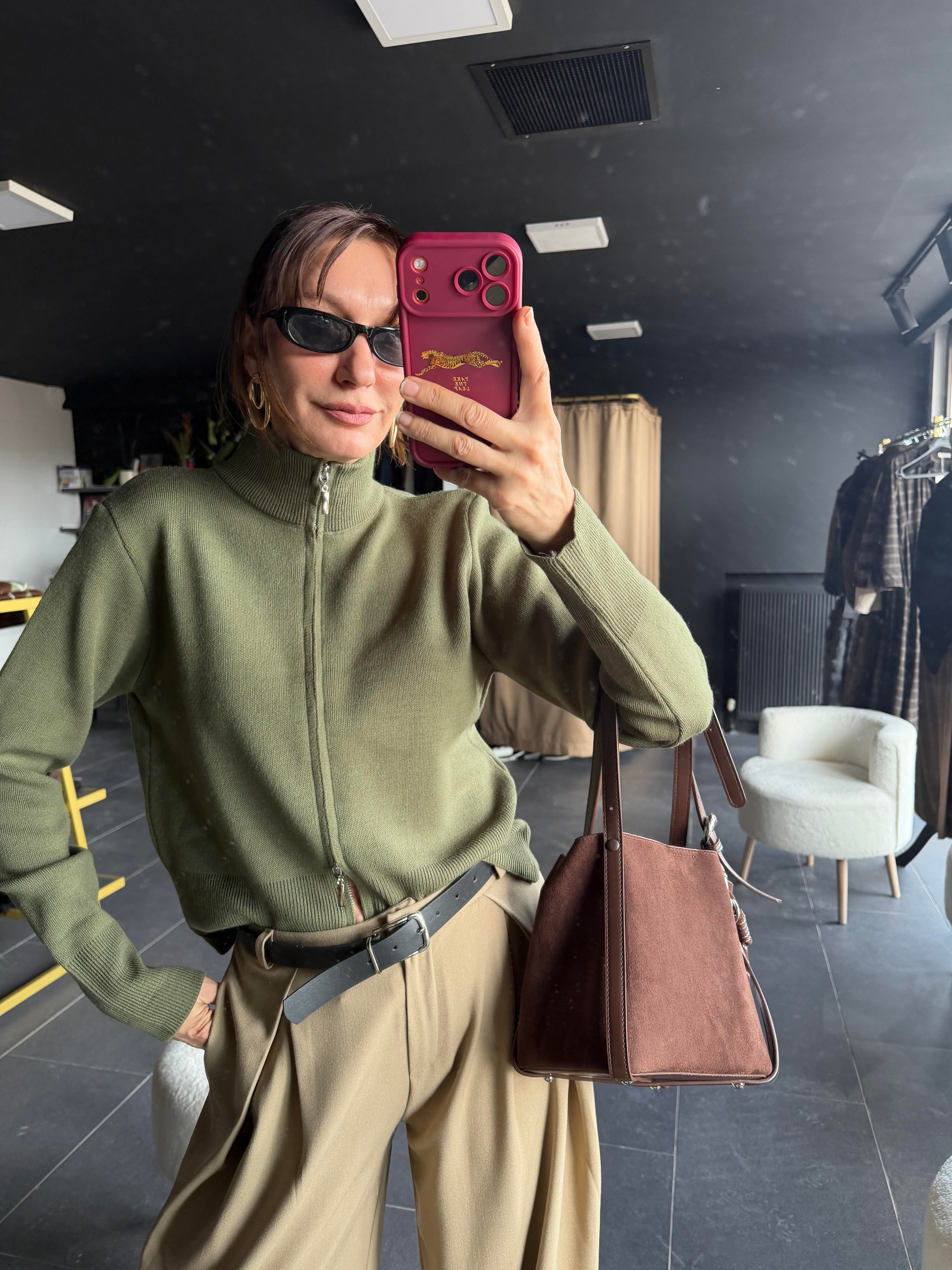 Çift Fermuarlı Haki Hırka