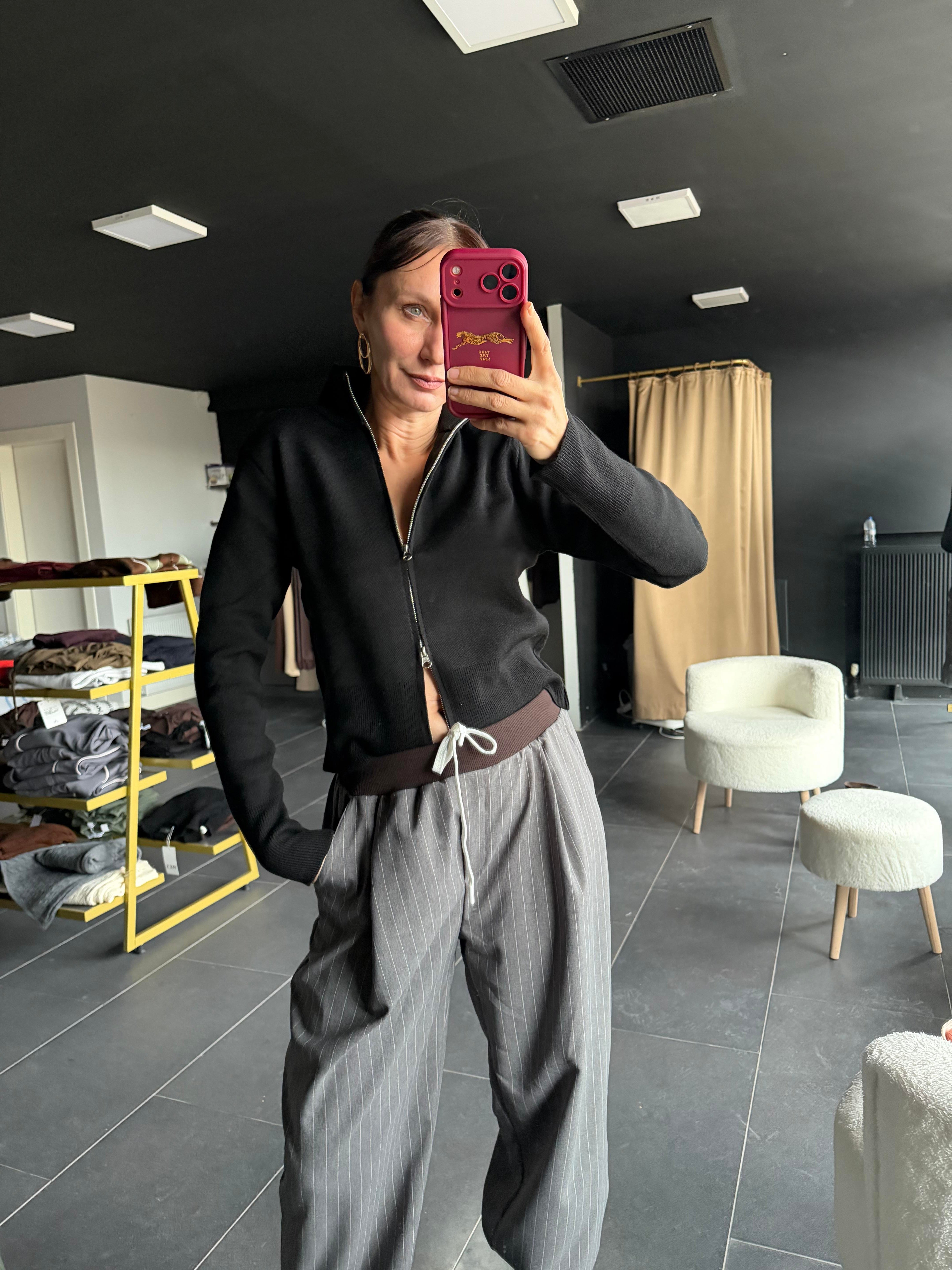 Çift Fermuarlı Siyah Hırka