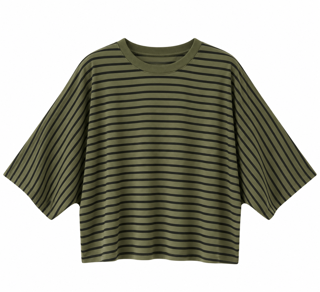 Çizgili Haki Üç Çeyrek Kol Pamuklu Triko Tshirt