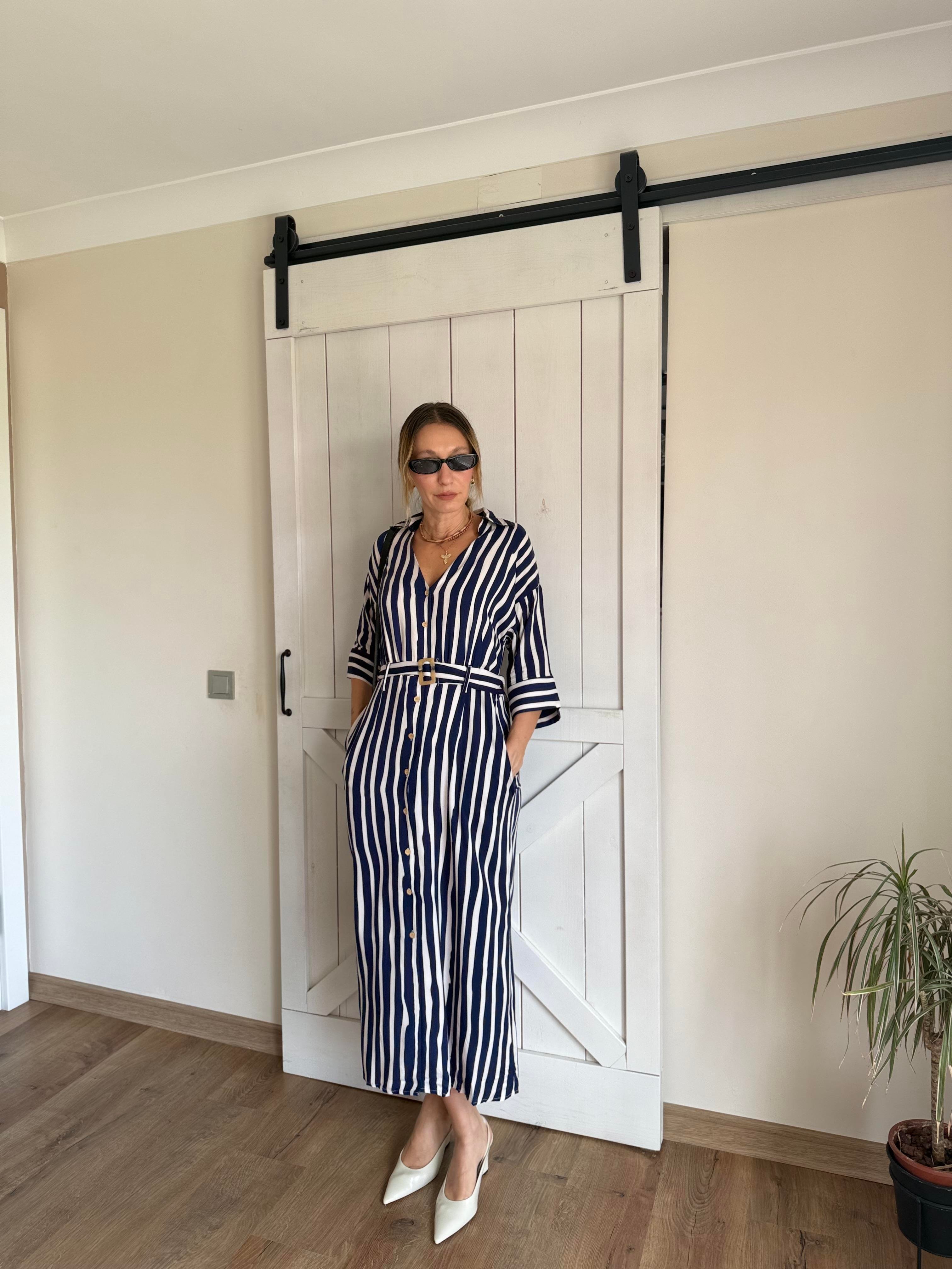 Çizgili Kemerli Gömlek Elbise