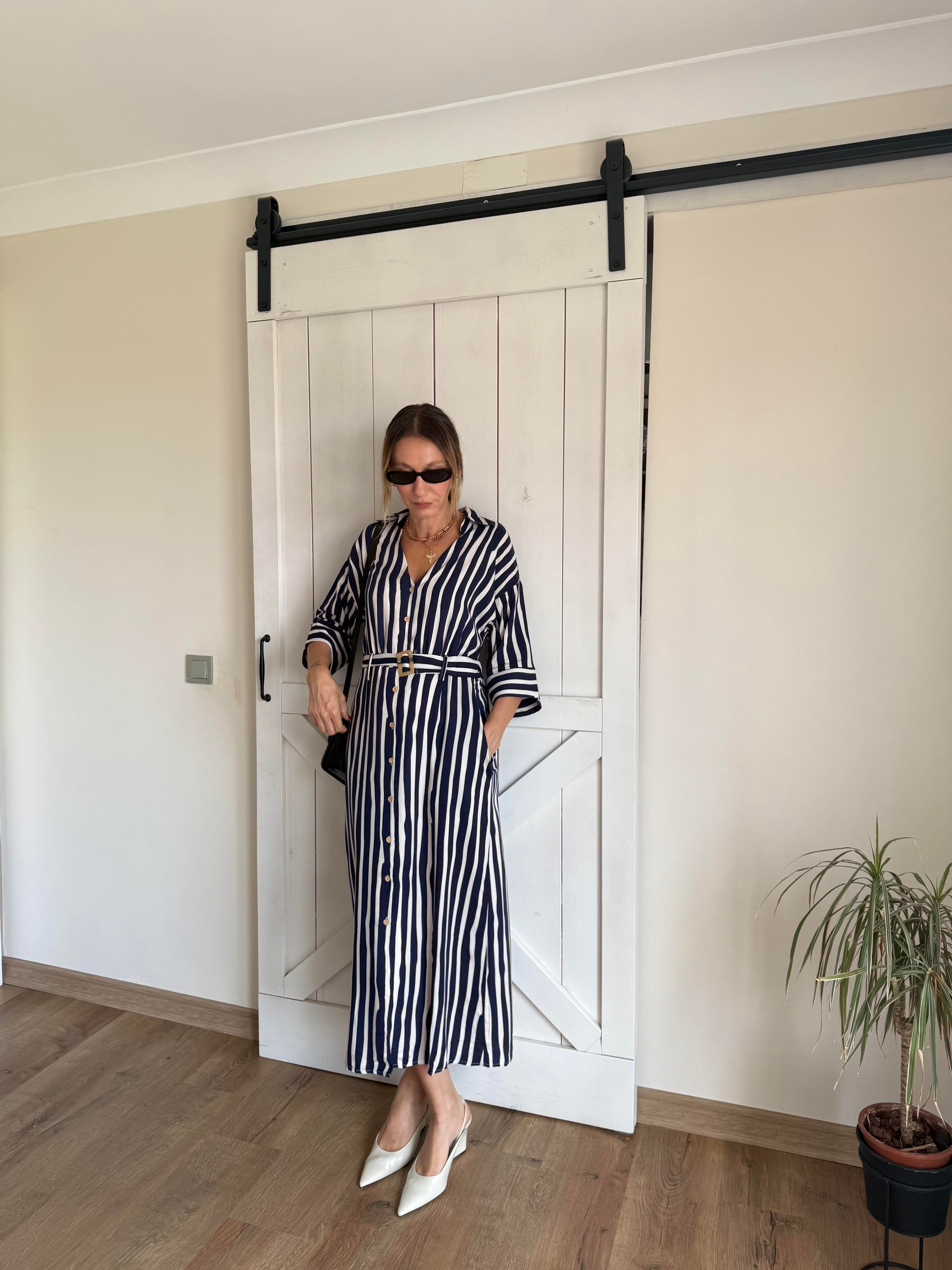 Çizgili Kemerli Gömlek Elbise