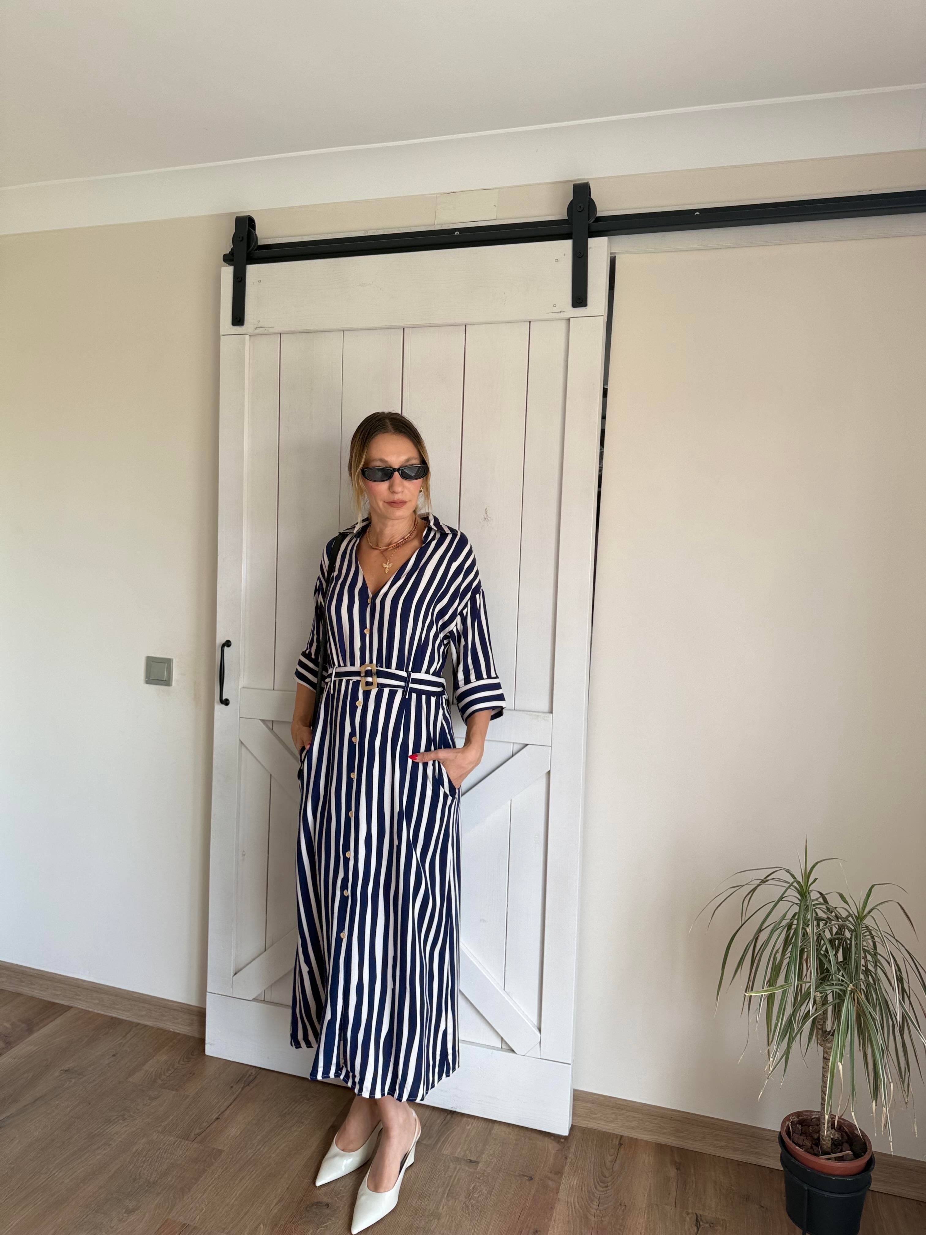 Çizgili Kemerli Gömlek Elbise