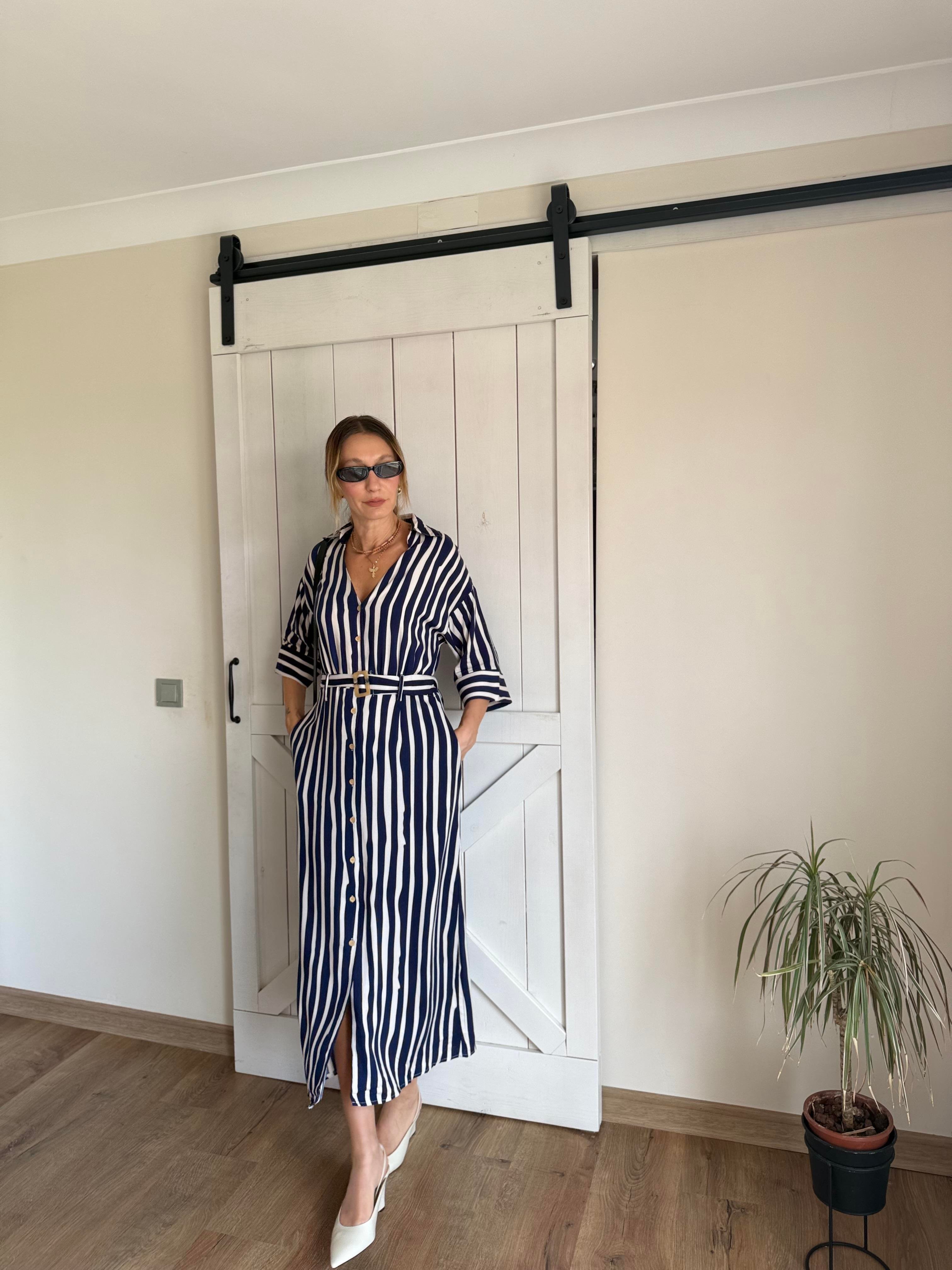 Çizgili Kemerli Gömlek Elbise