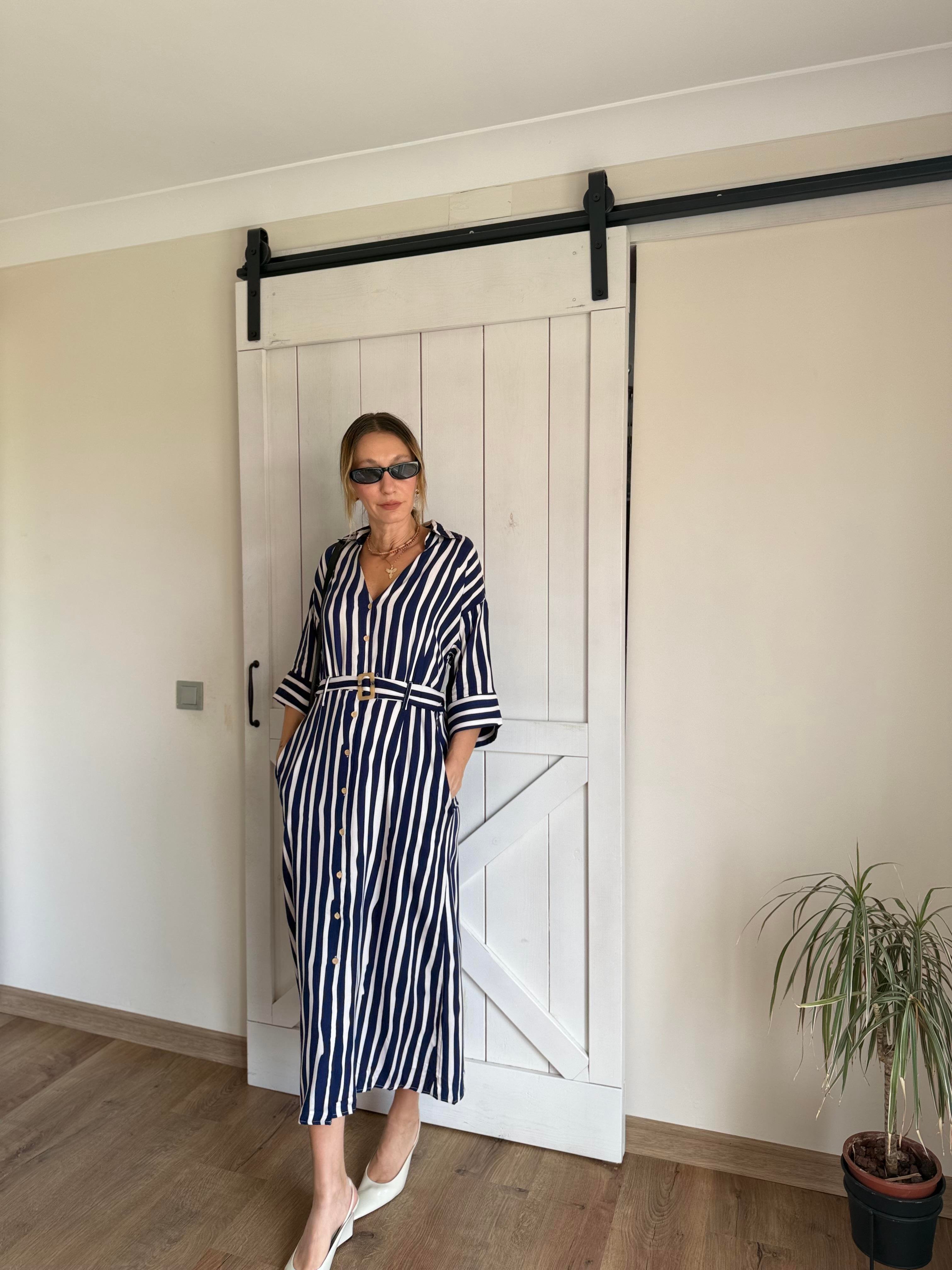 Çizgili Kemerli Gömlek Elbise