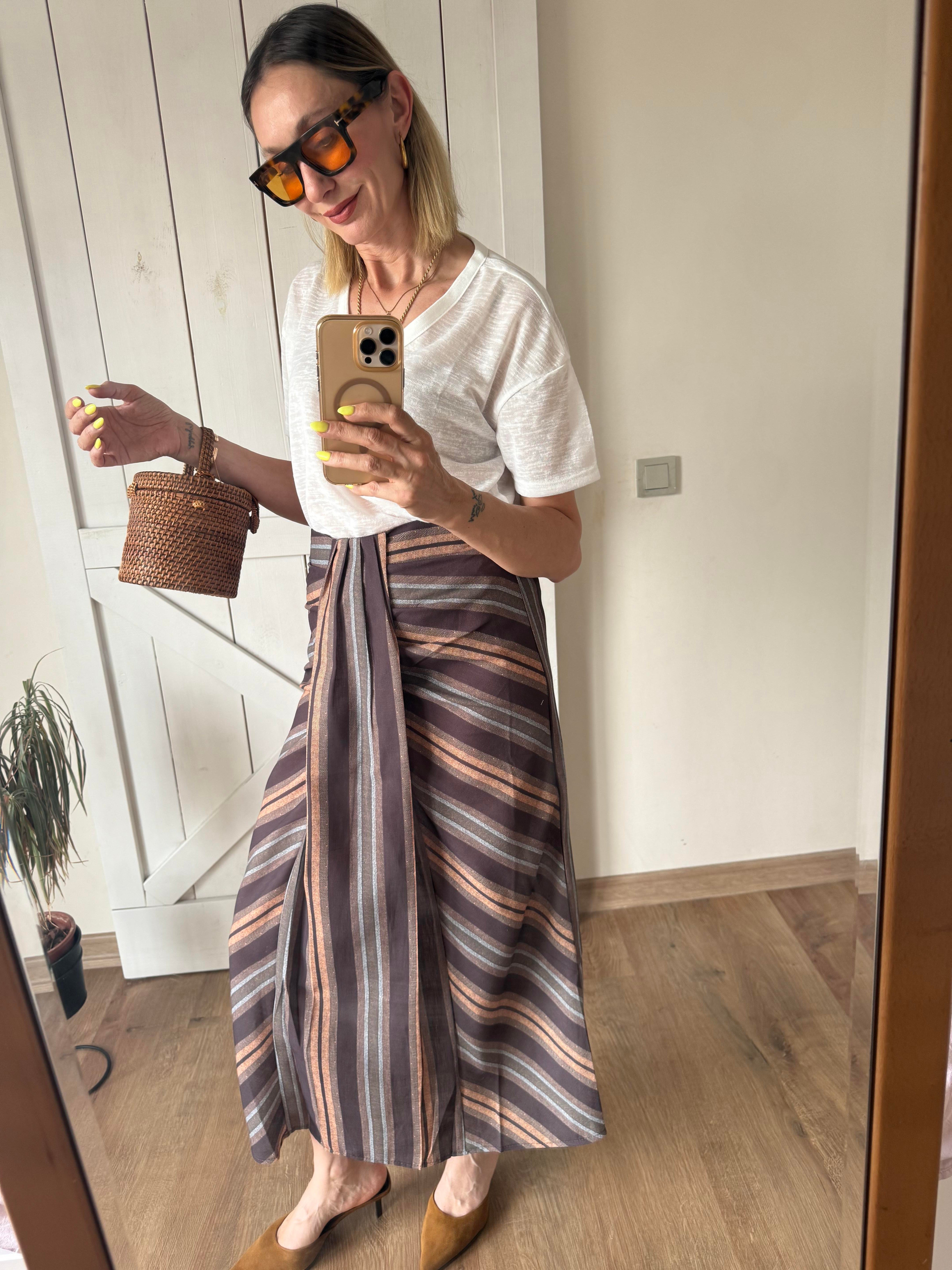 Çizgili Keten Karışımı Midi Etek