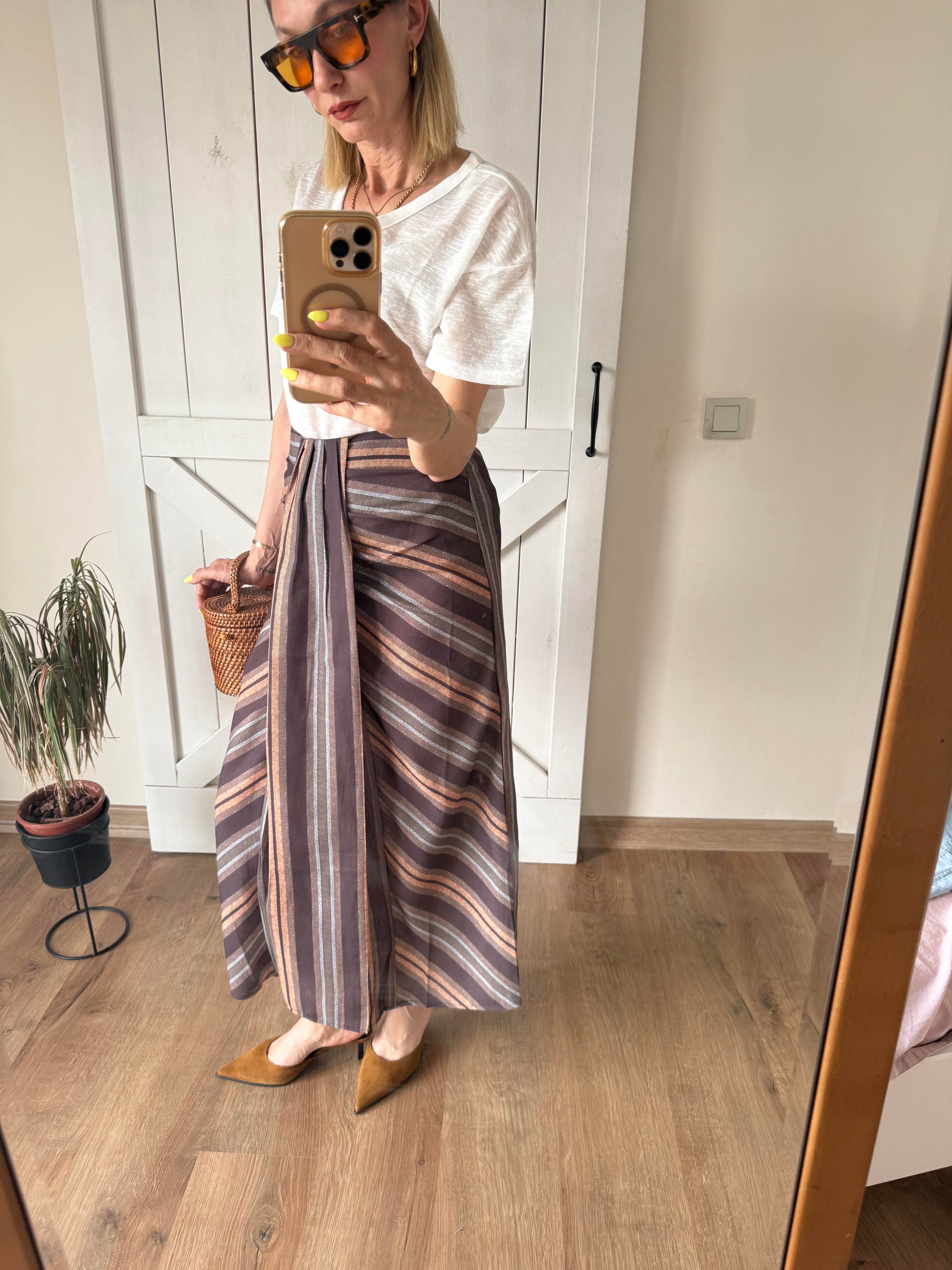 Çizgili Keten Karışımı Midi Etek