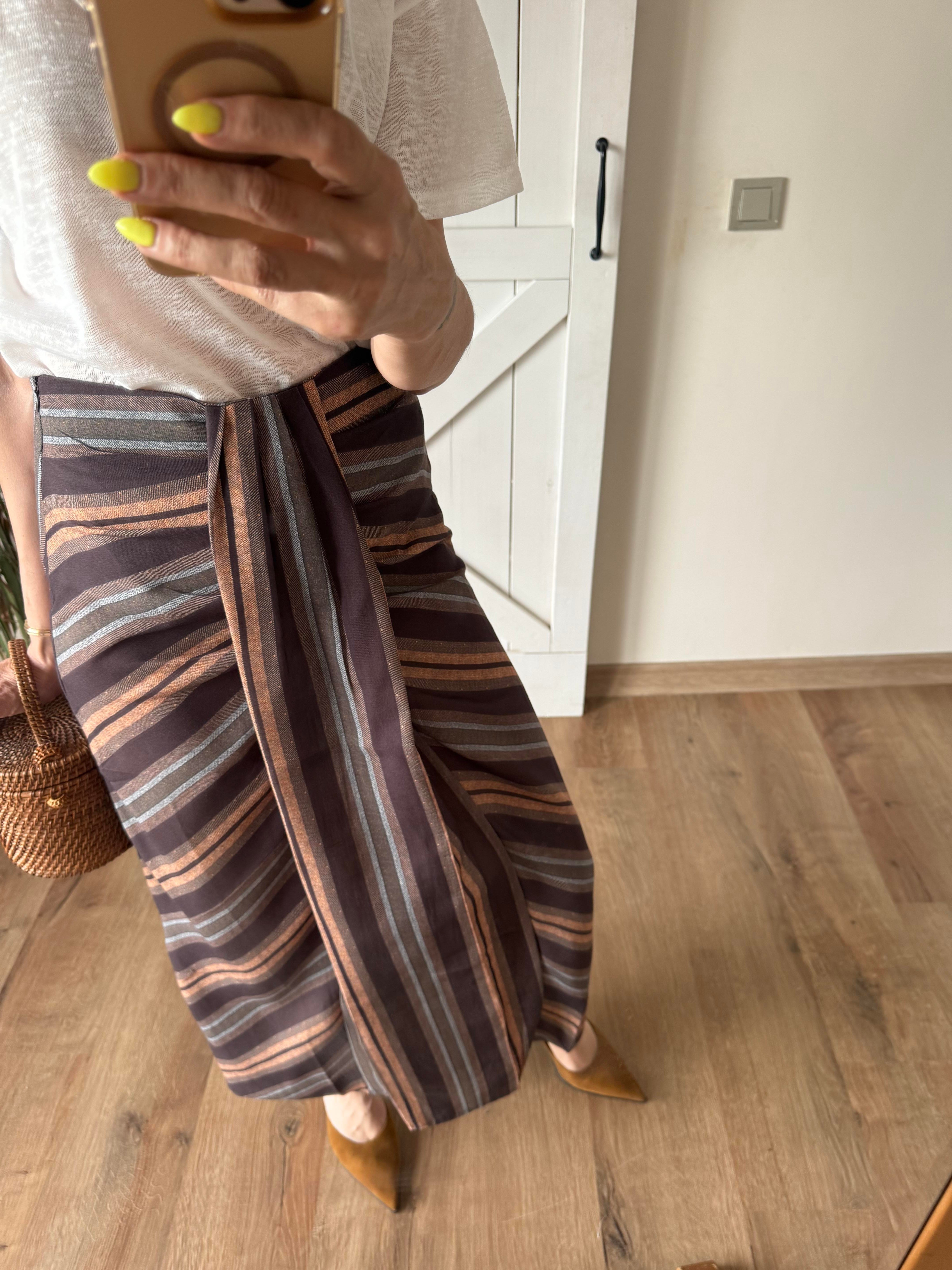 Çizgili Keten Karışımı Midi Etek