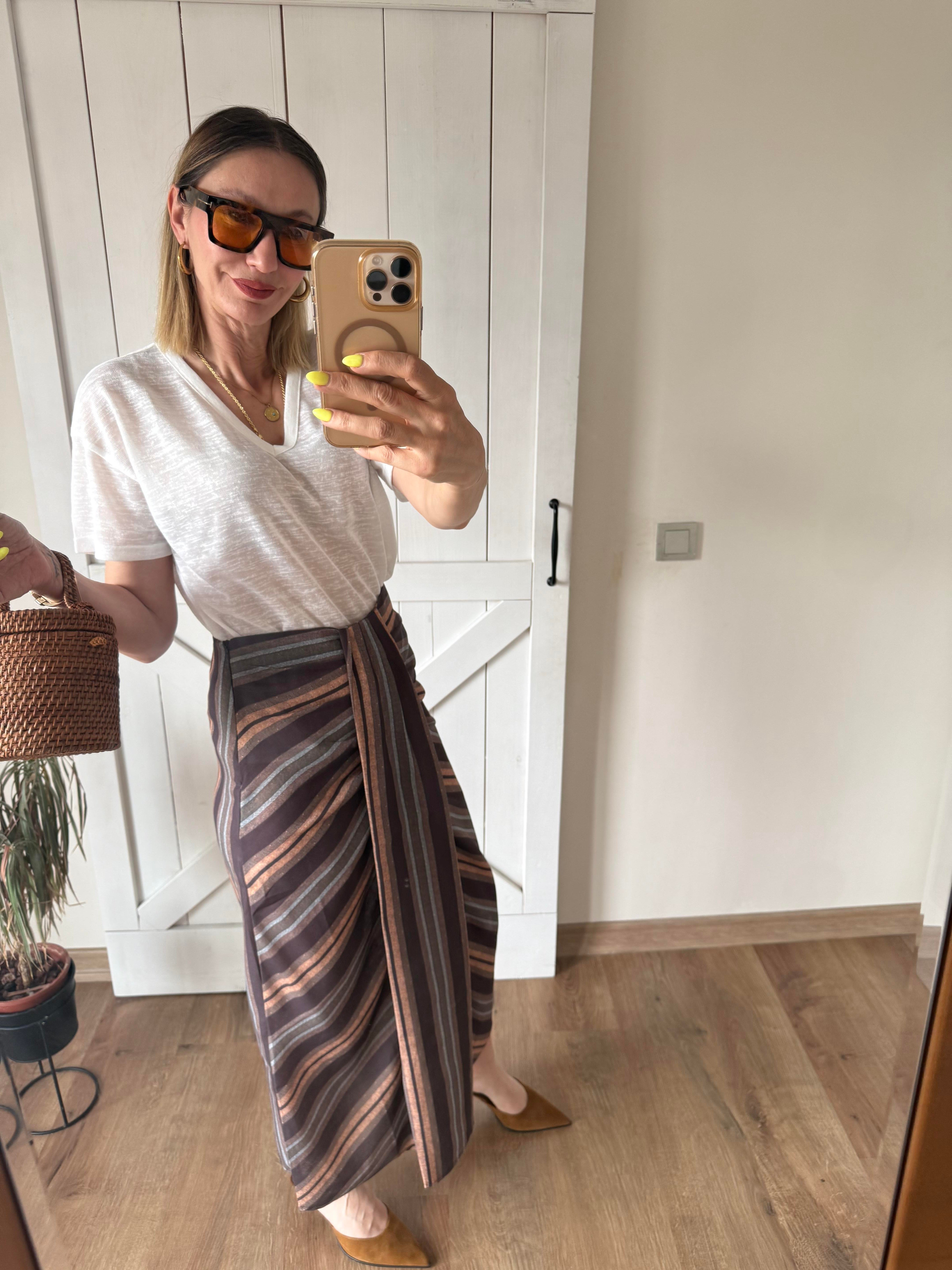 Çizgili Keten Karışımı Midi Etek