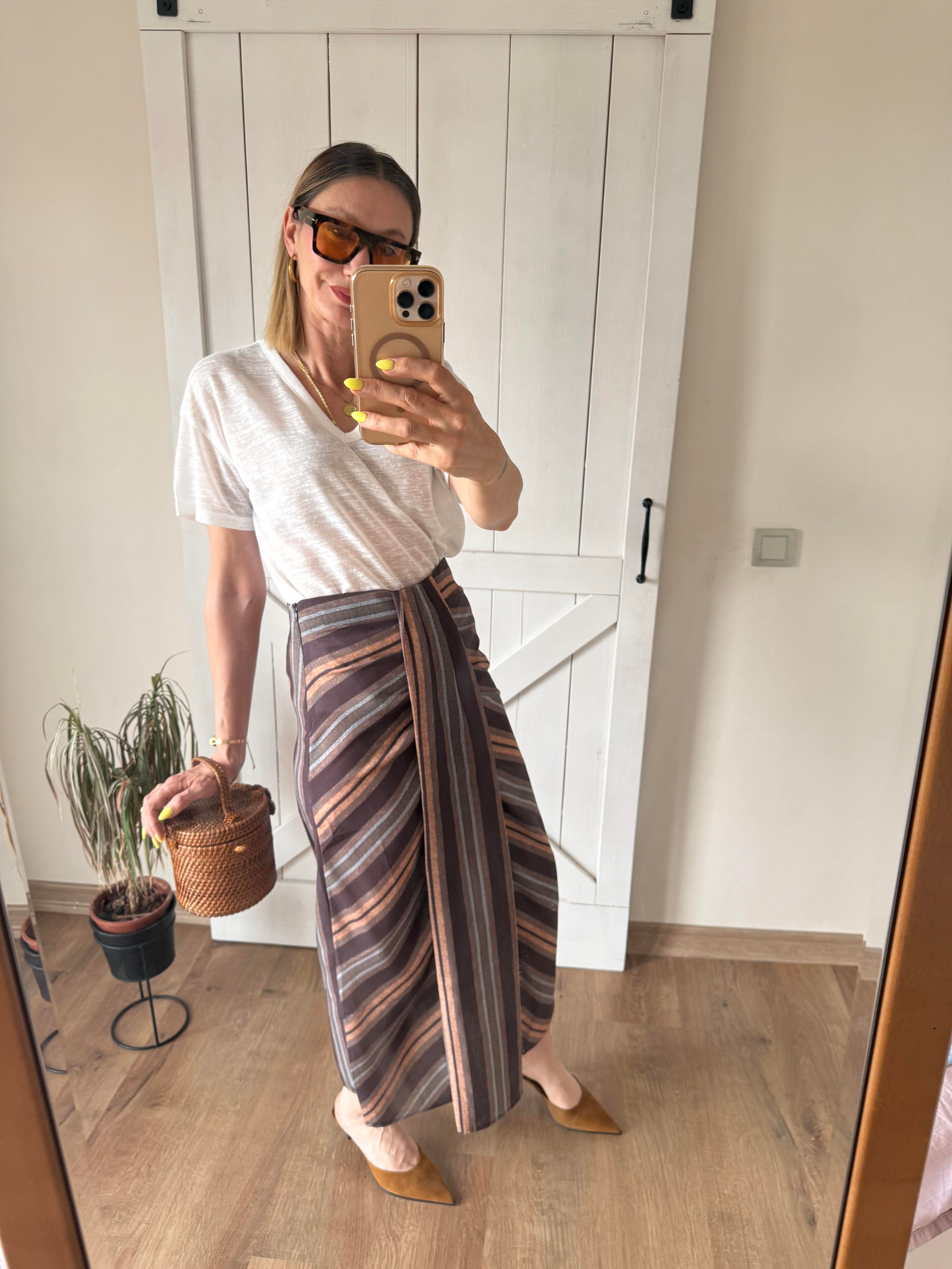 Çizgili Keten Karışımı Midi Etek