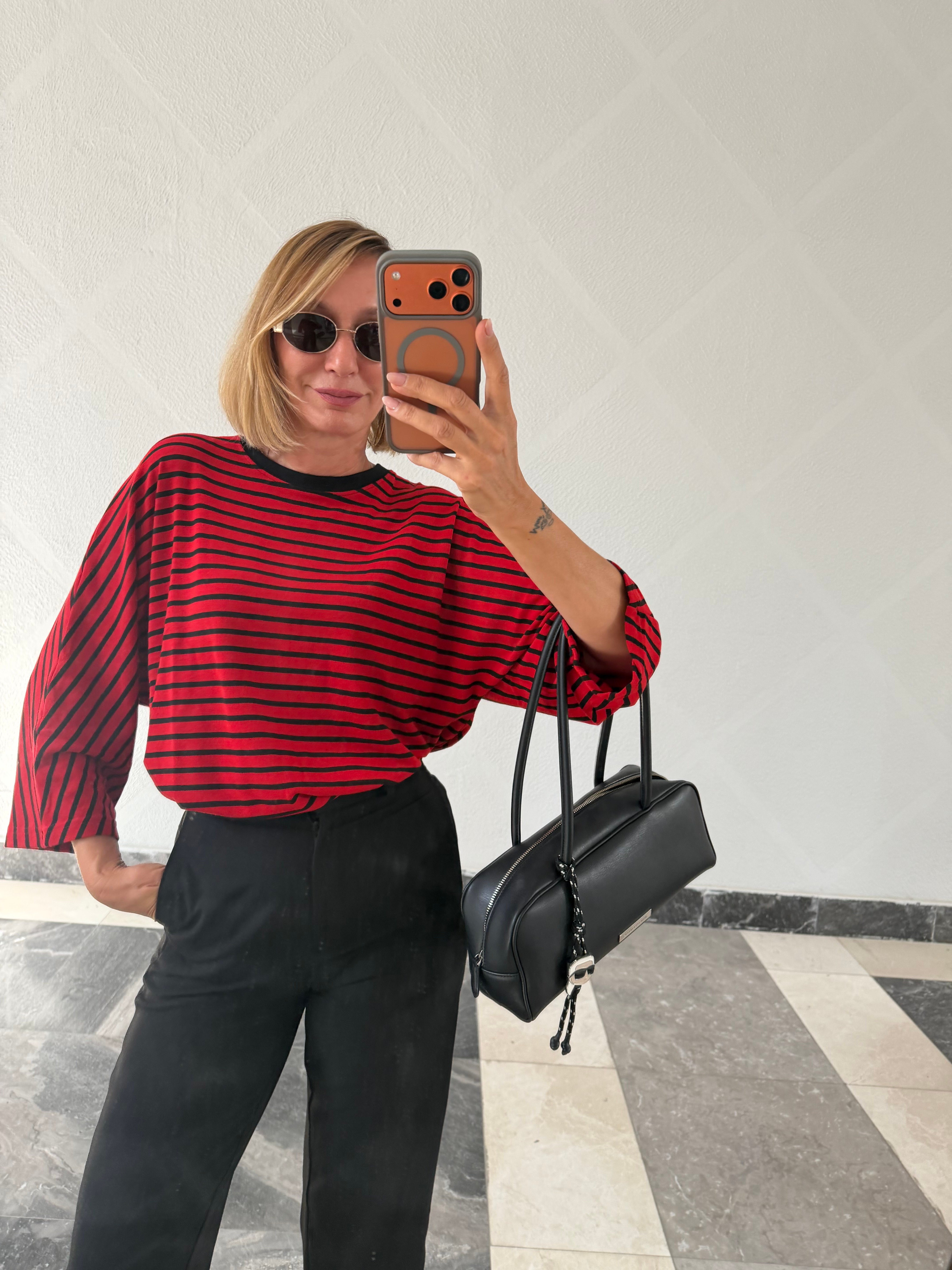 Çizgili Üç Çeyrek Kol Pamuklu Triko Tshirt