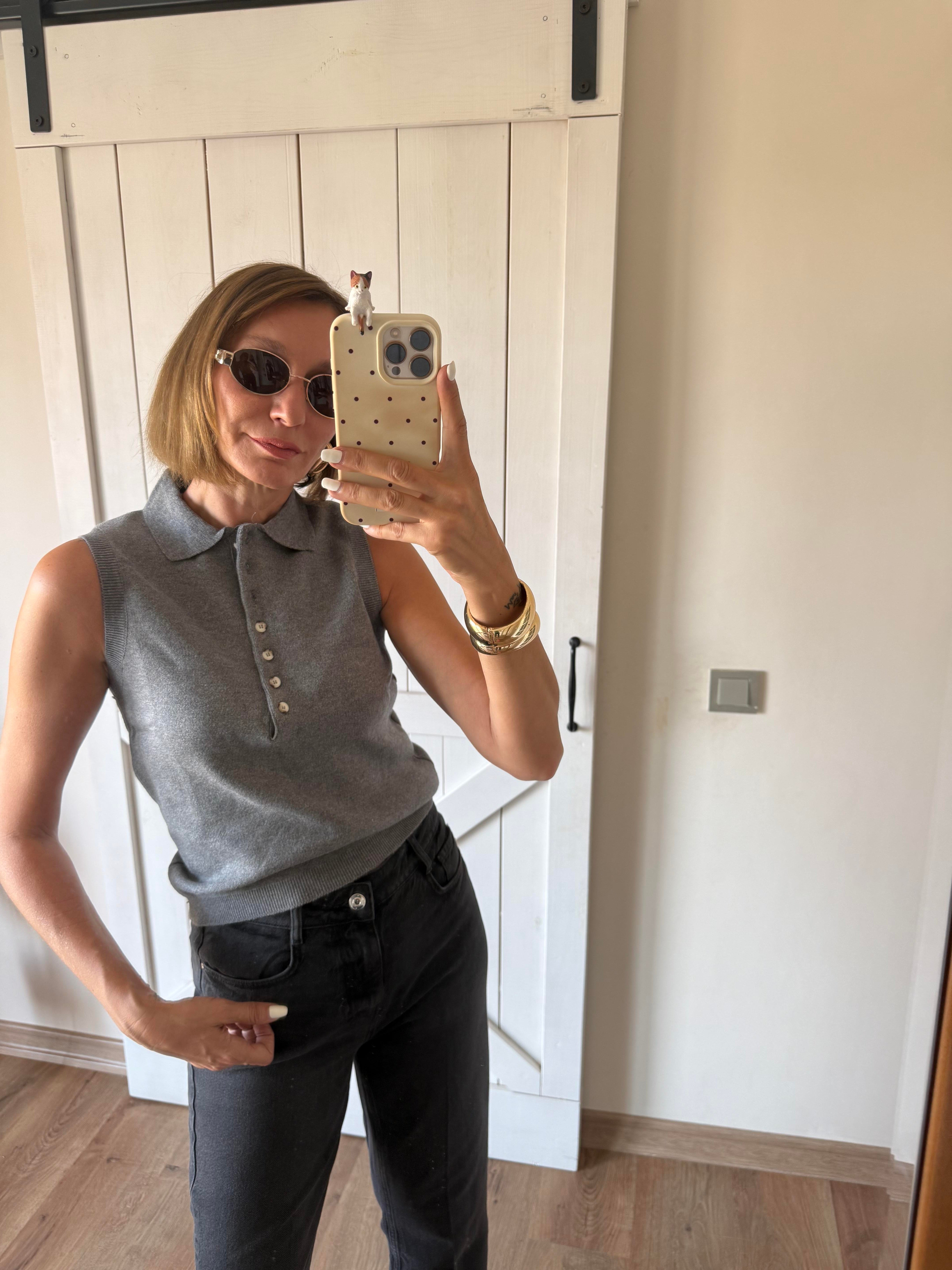 Çok Düğmeli Massi Polo Yaka Gri Kolsuz Triko