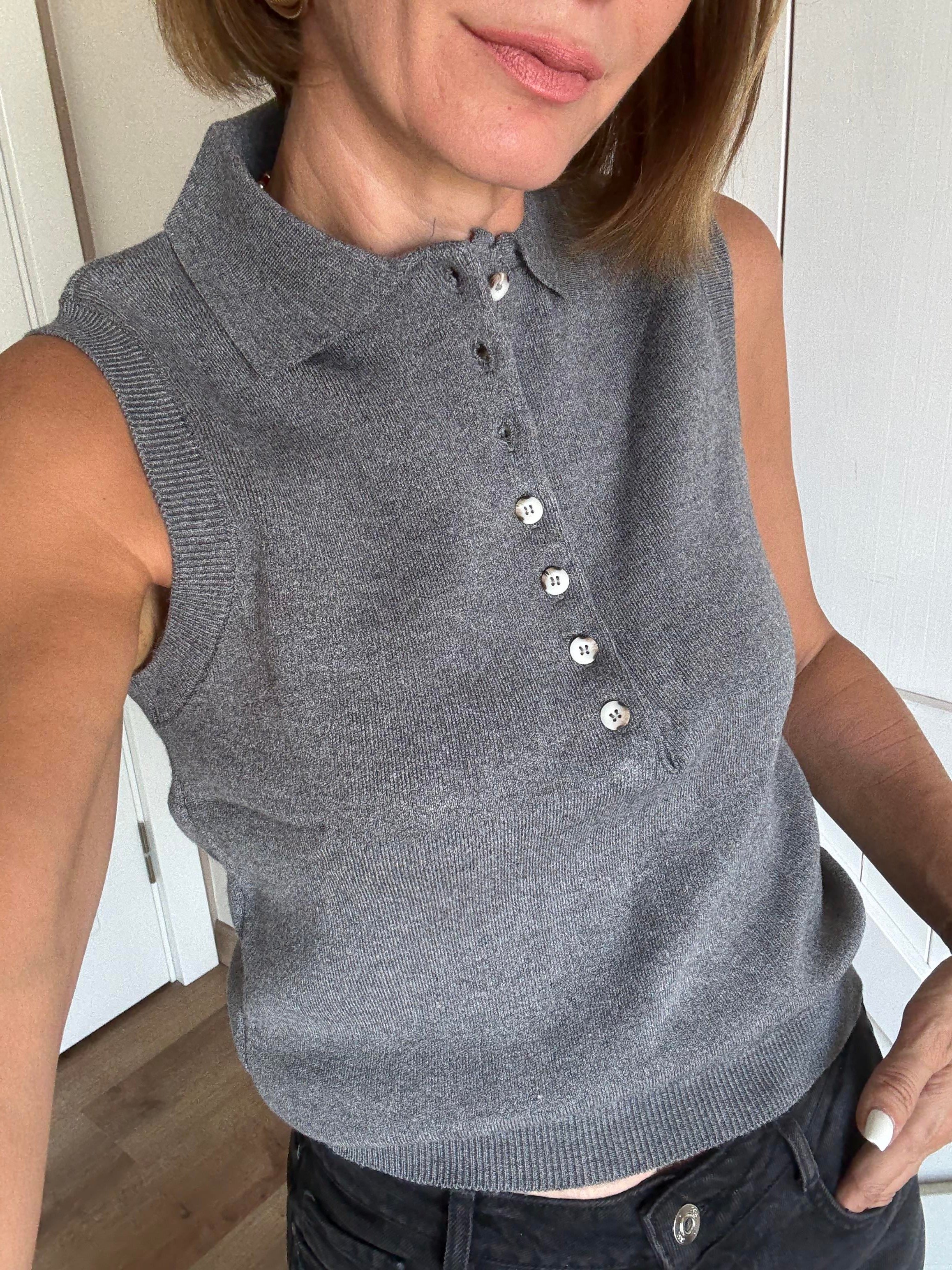 Çok Düğmeli Massi Polo Yaka Gri Kolsuz Triko