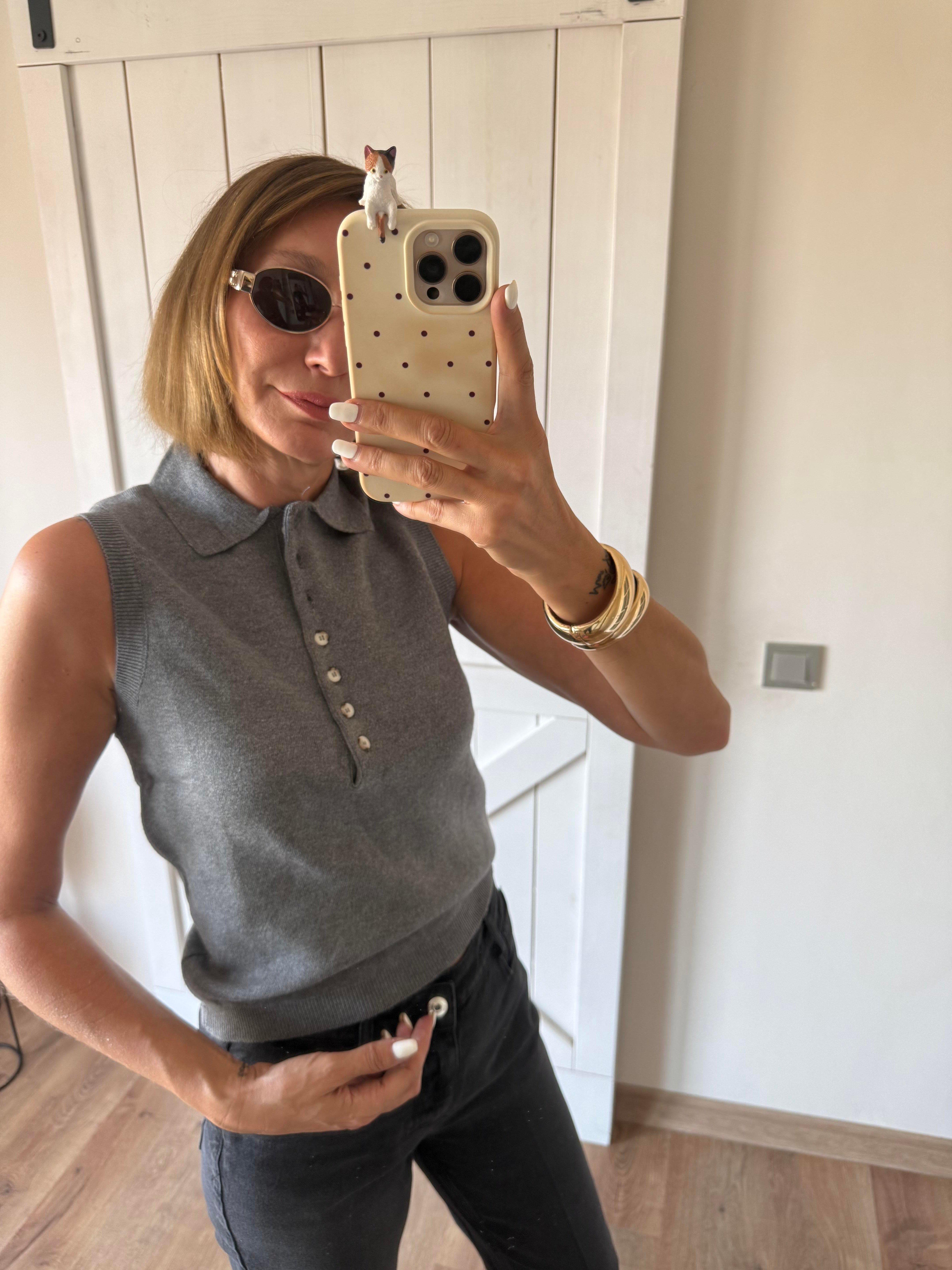 Çok Düğmeli Massi Polo Yaka Gri Kolsuz Triko