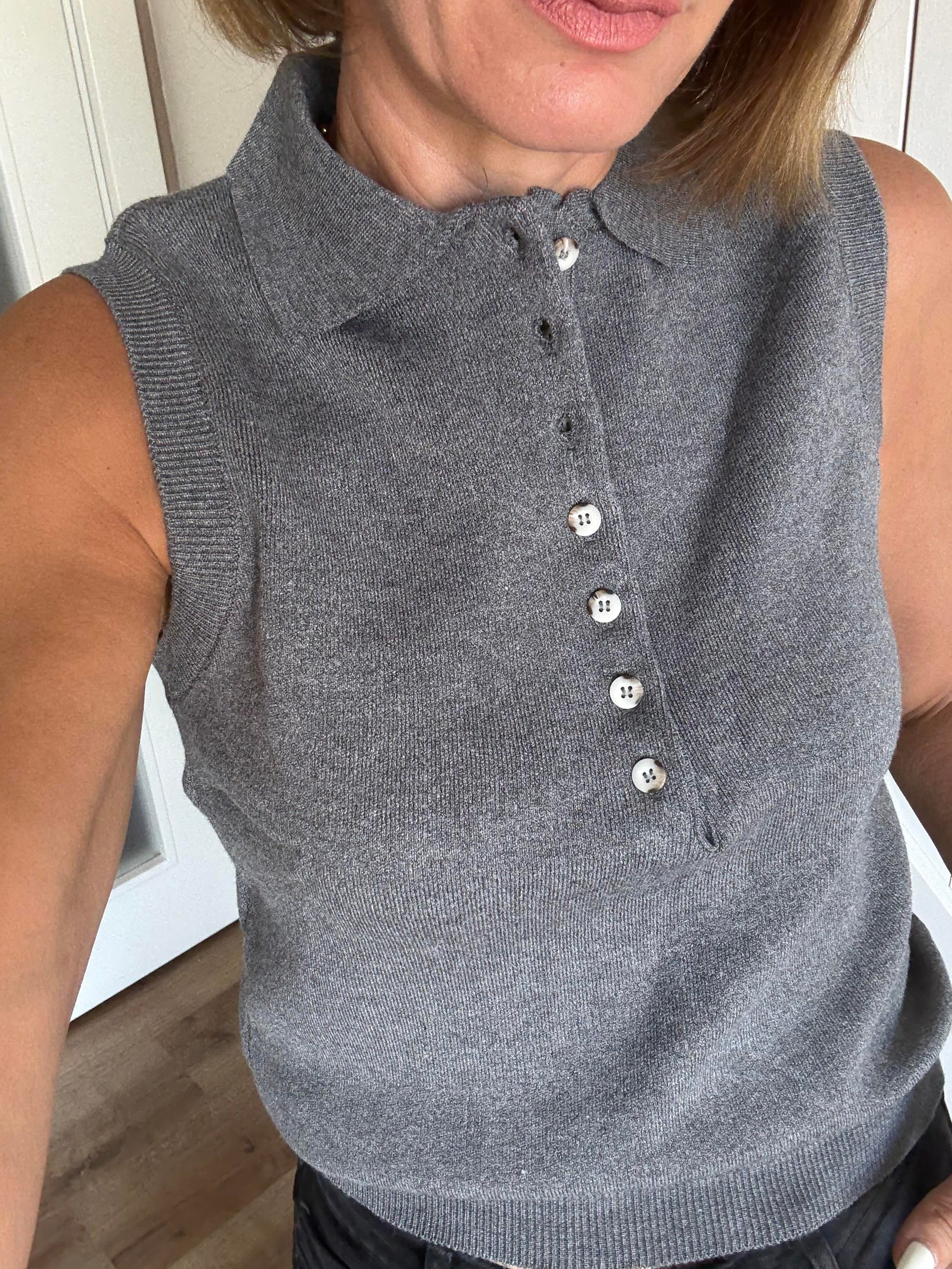 Çok Düğmeli Massi Polo Yaka Gri Kolsuz Triko