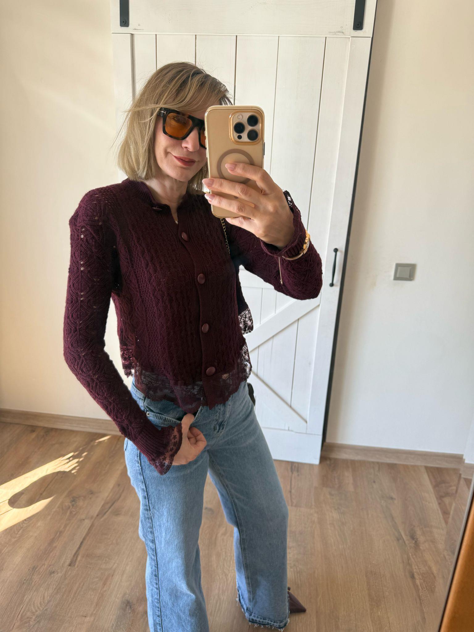 Dantel Detaylı Tasarım Bordo Hırka