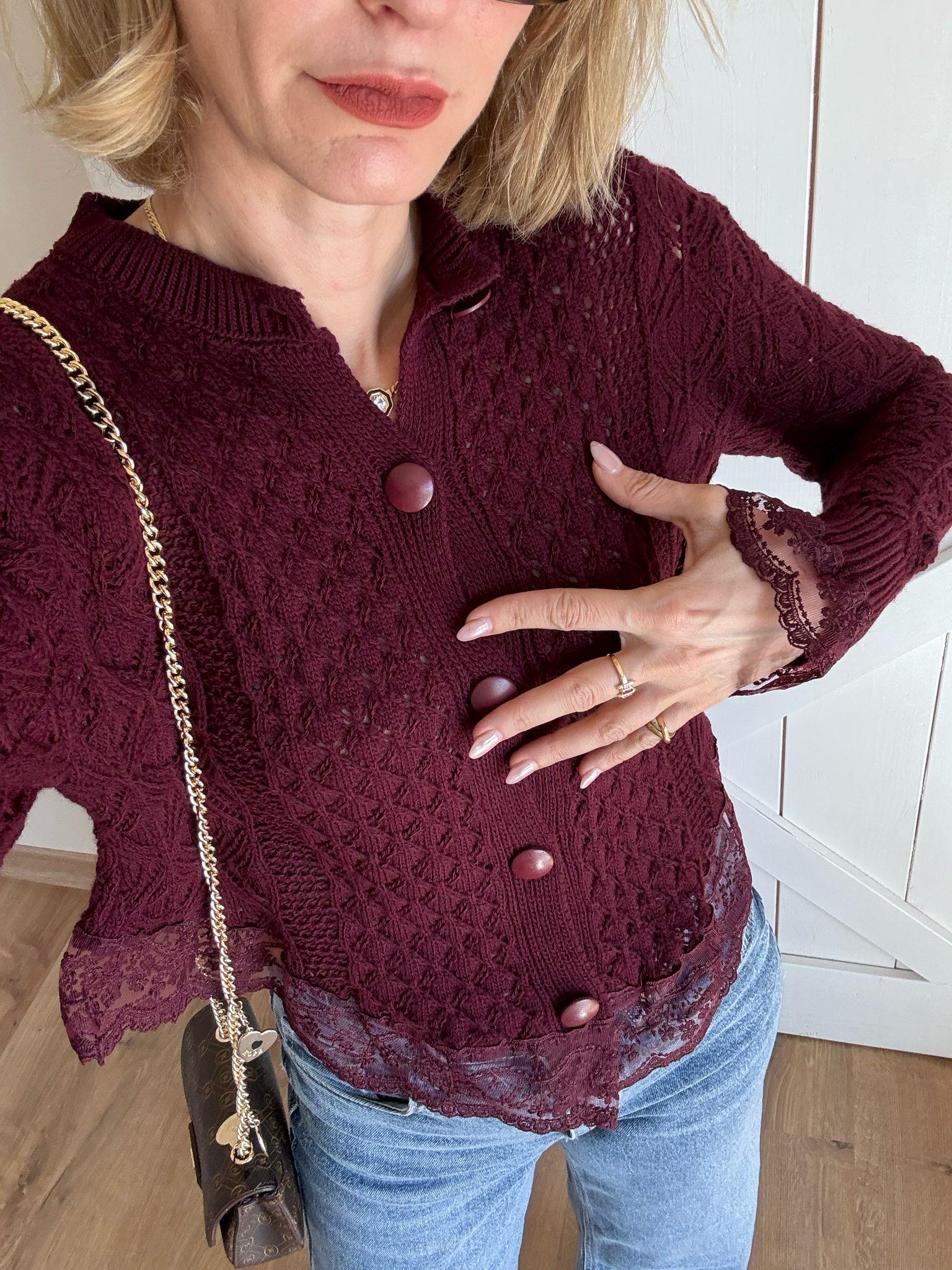 Dantel Detaylı Tasarım Bordo Hırka