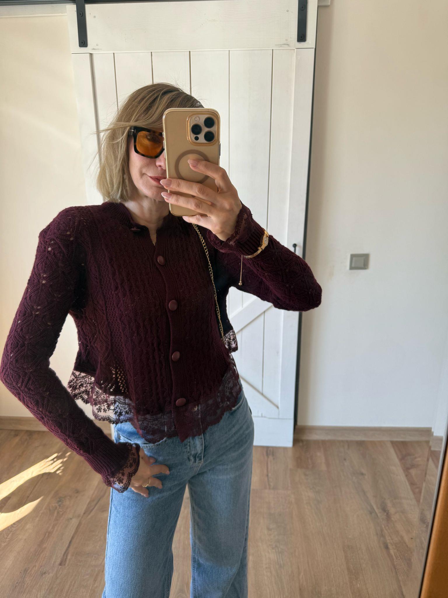 Dantel Detaylı Tasarım Bordo Hırka