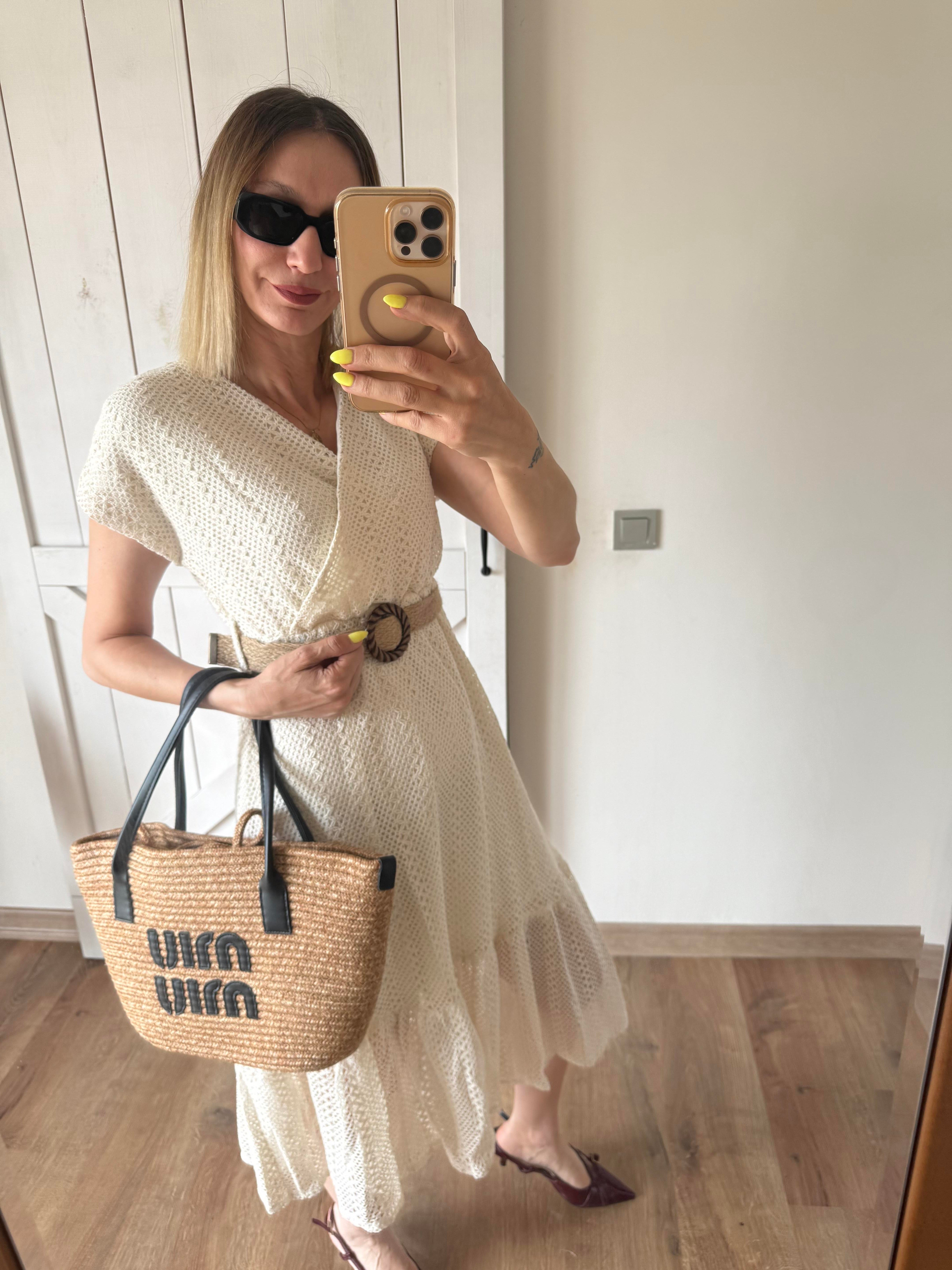 Dantel Ekru Kemerli Elbise