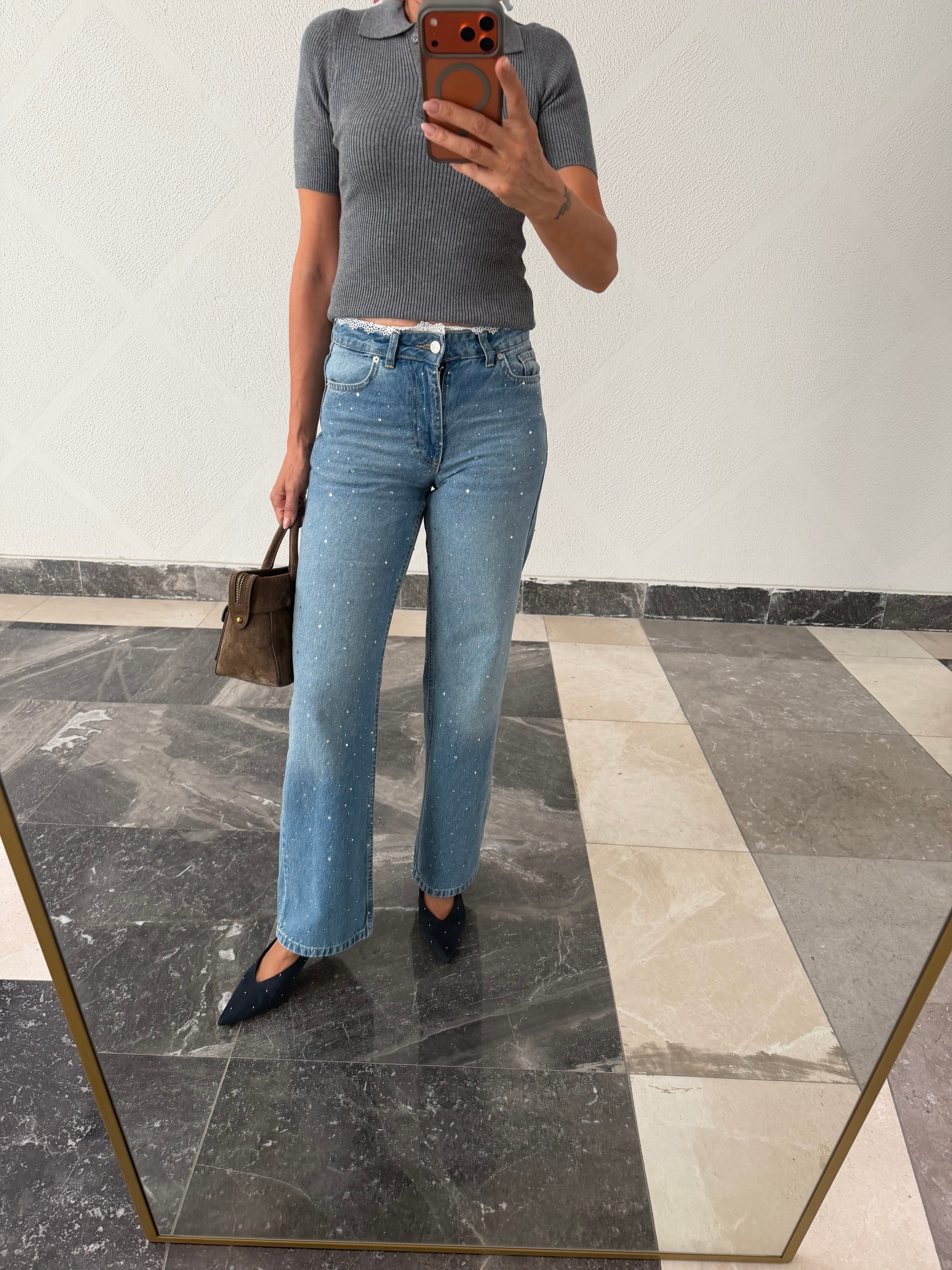 Dantel Ve Taş Detaylı Wide Leg Nefis Jean